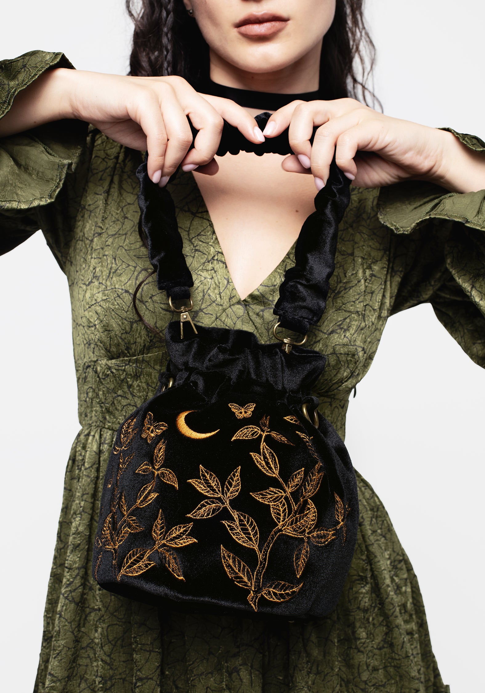 Black Velour Butterfly Embroidered Bucket Bag with Drawstring | Instar