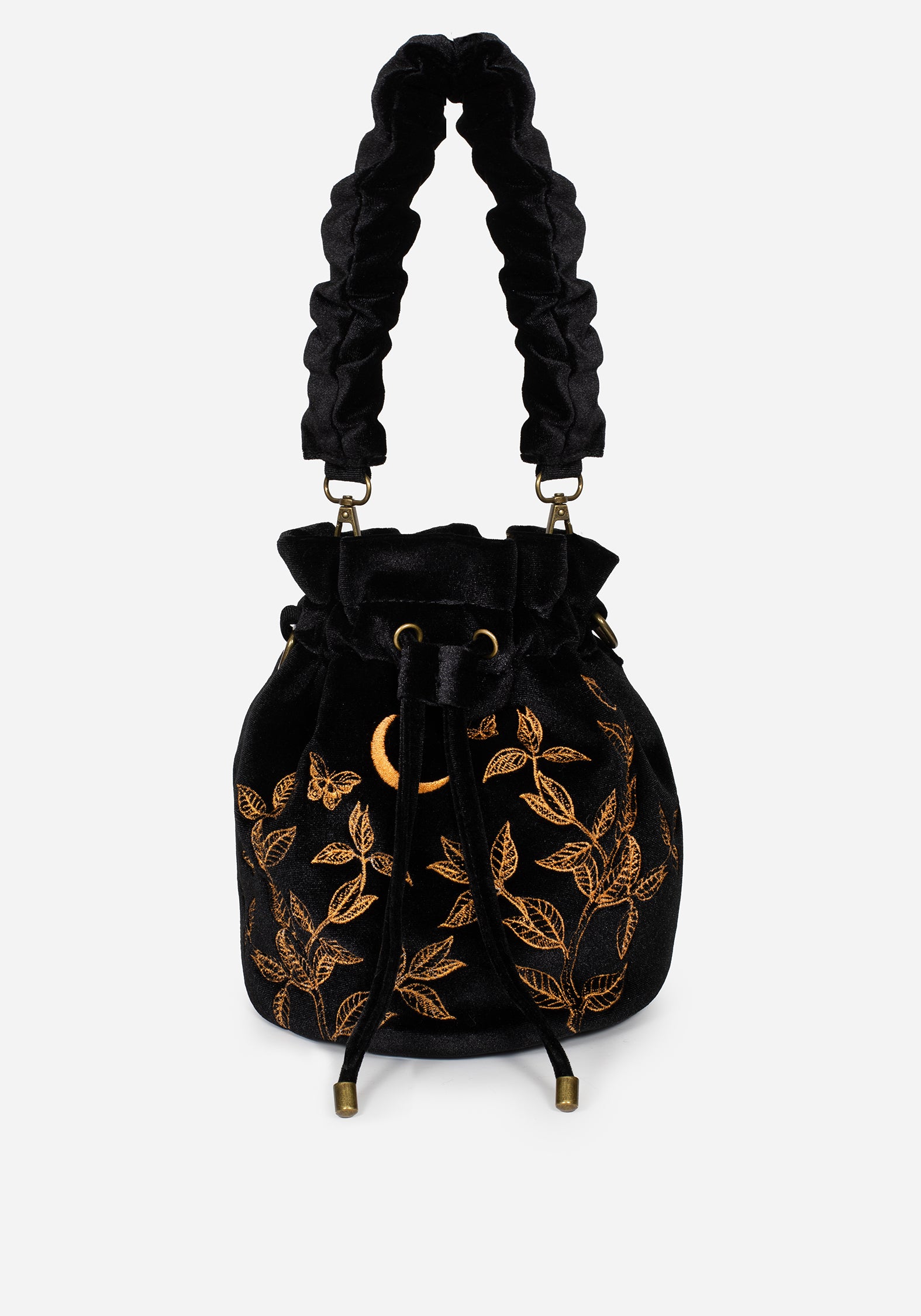 Black Velour Butterfly Embroidered Bucket Bag with Drawstring | Instar