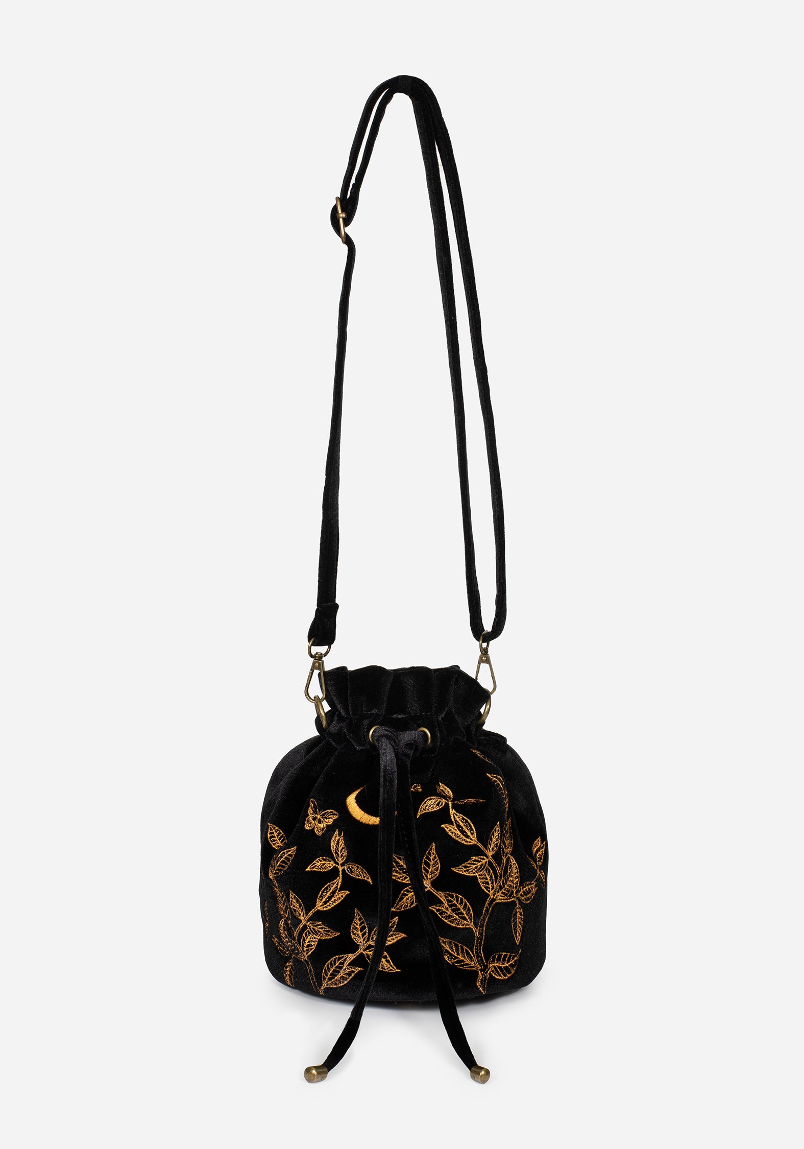 Black Velour Butterfly Embroidered Bucket Bag with Drawstring | Instar