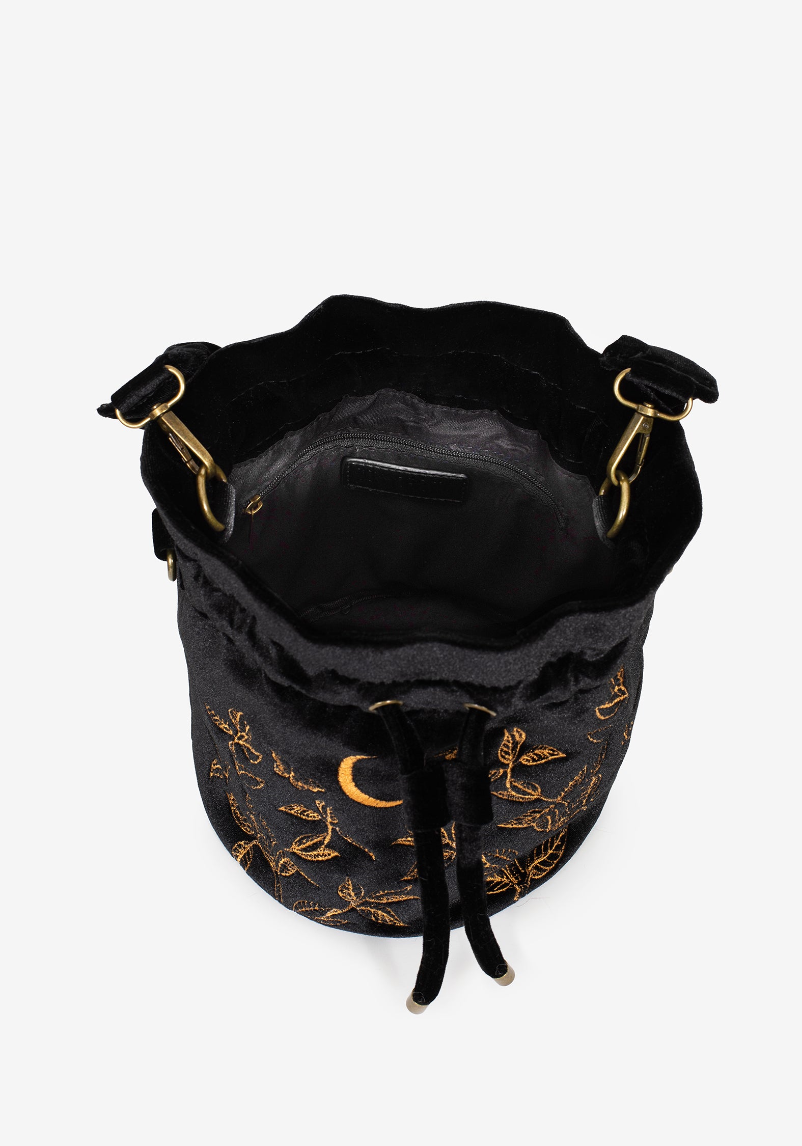 Black Velour Butterfly Embroidered Bucket Bag with Drawstring | Instar