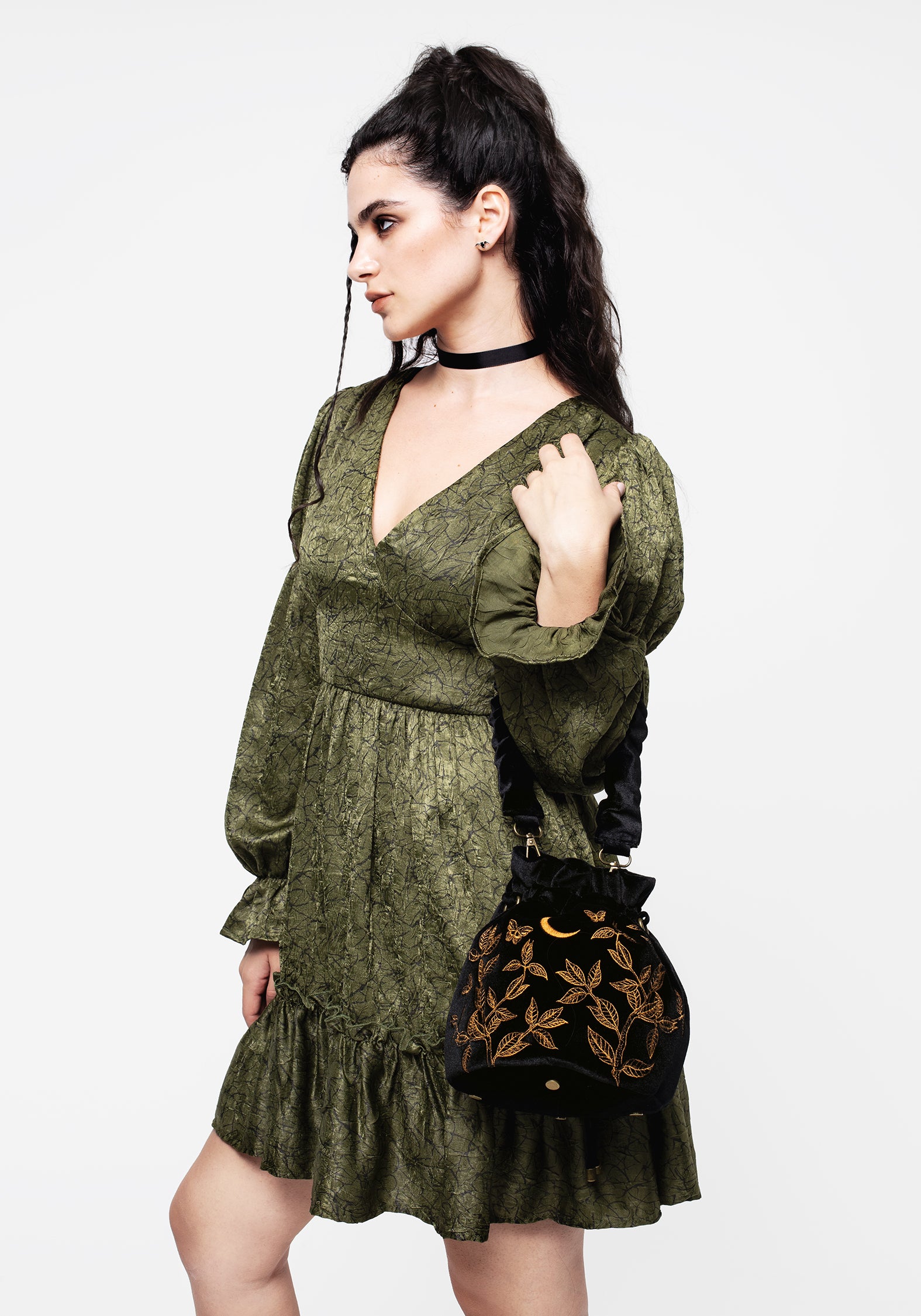 Black Velour Butterfly Embroidered Bucket Bag with Drawstring | Instar