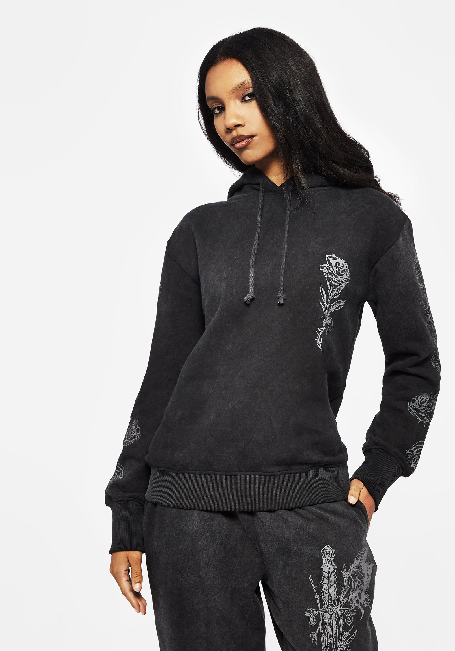 Rose & Thorn Graphic Print Longline Hoody | 100% Cotton