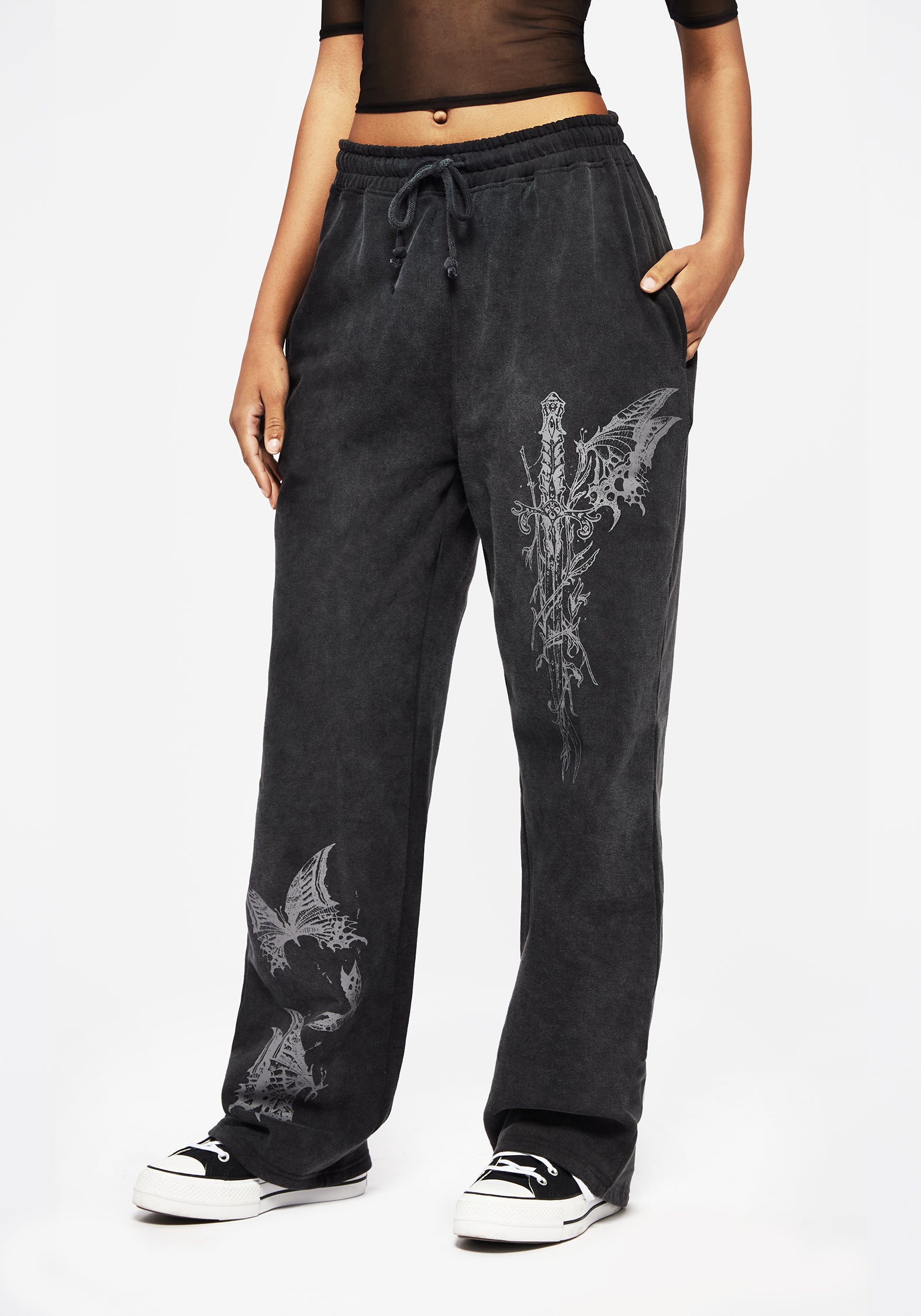 Graphic Print Straight Leg Sweatpants with Adjustable Waist | Entwined Rose