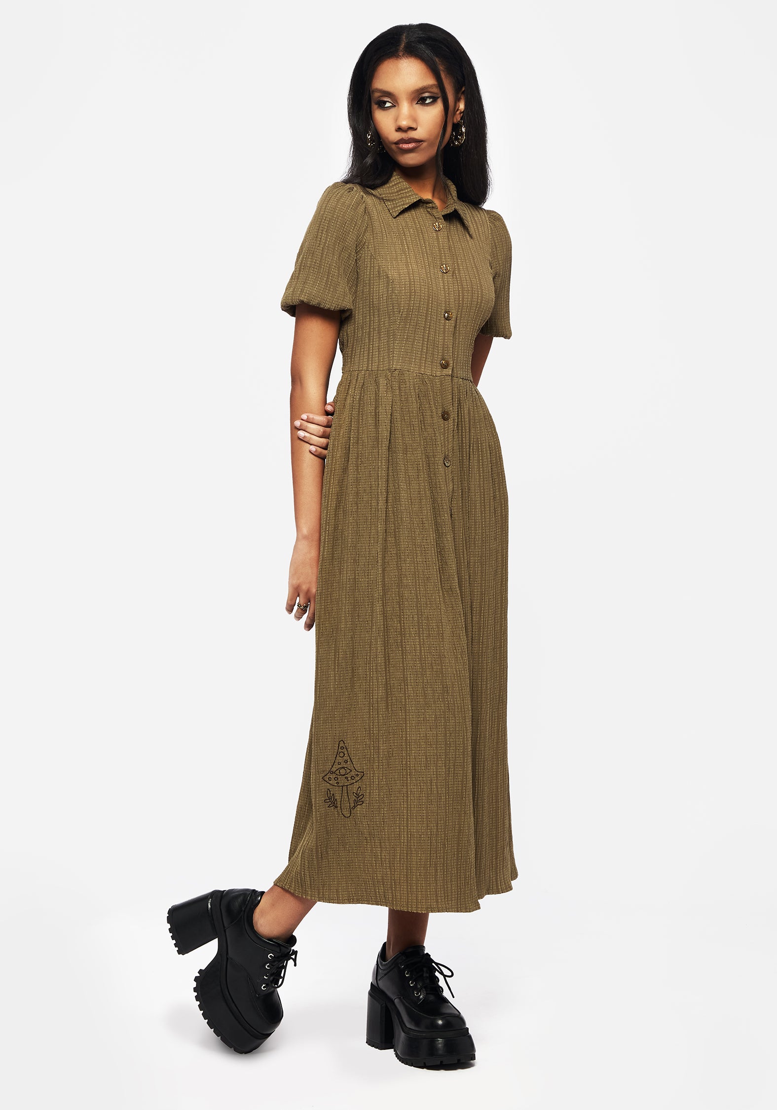 Khaki Green Embroidered Puff Sleeve Shirt Dress | Ramaria