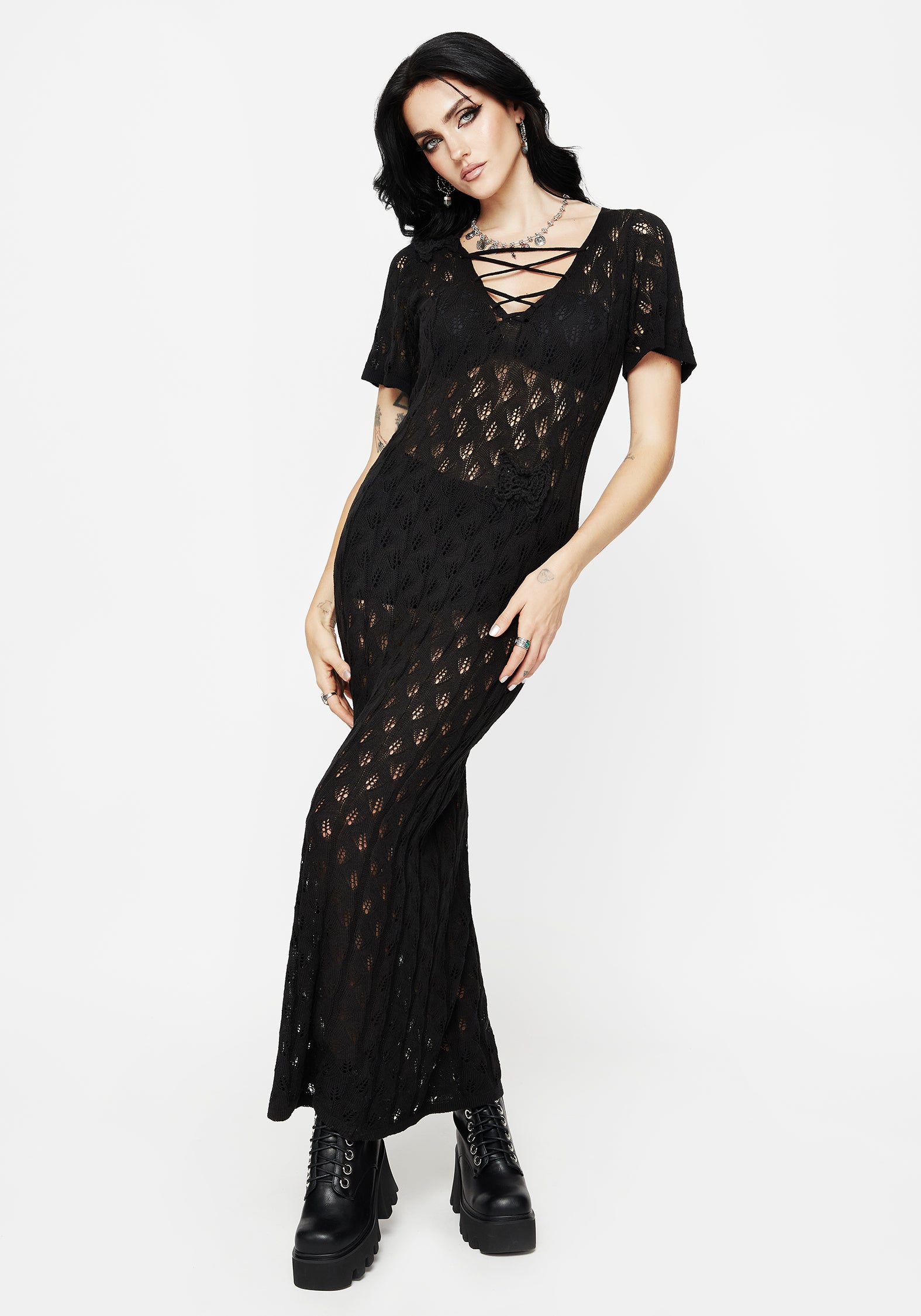 Black Crochet Maxi Dress with Moth Detail & V Neckline | Elnora