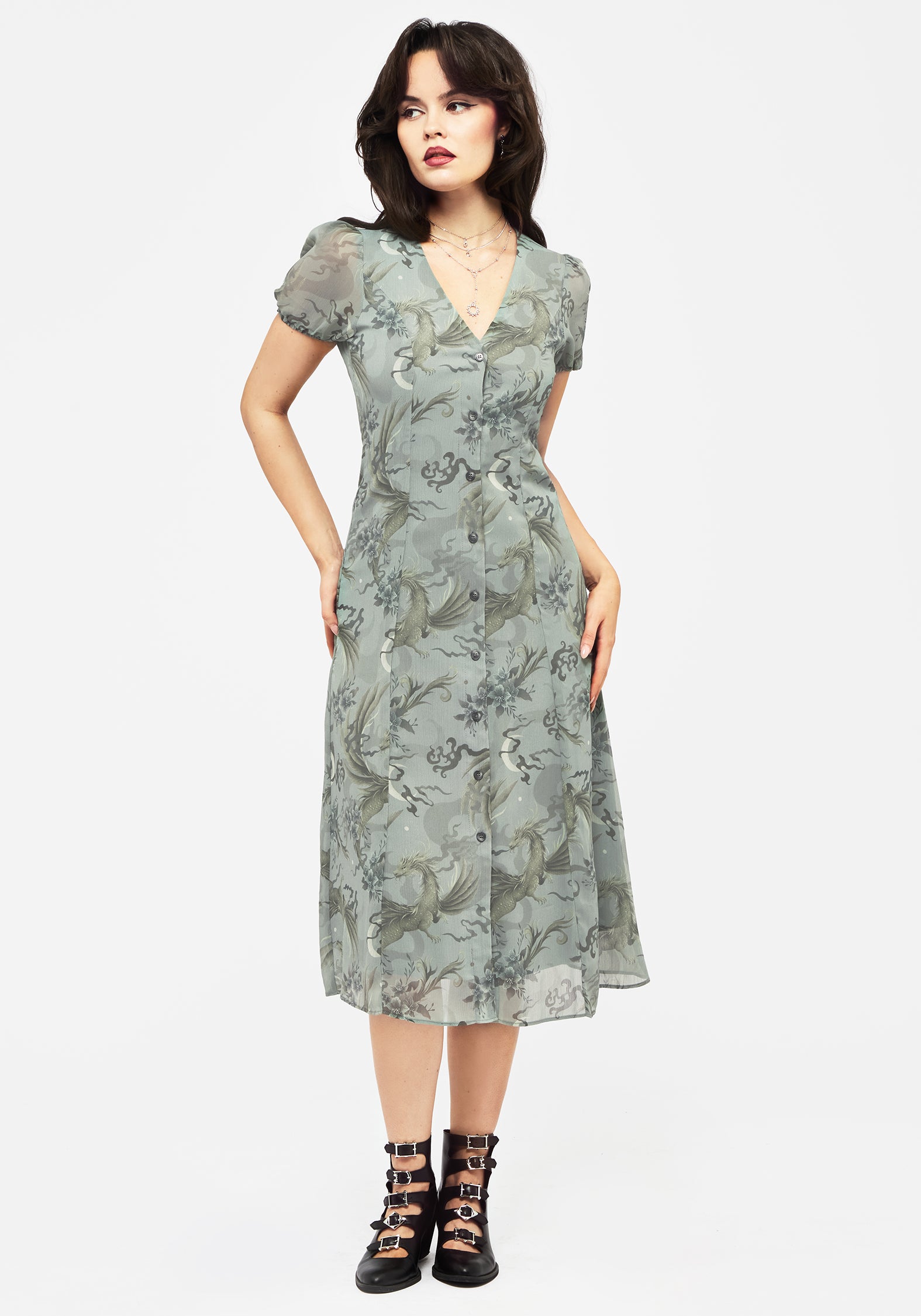 Pale Blue Dragon Print Chiffon Midi Dress | Sapphira