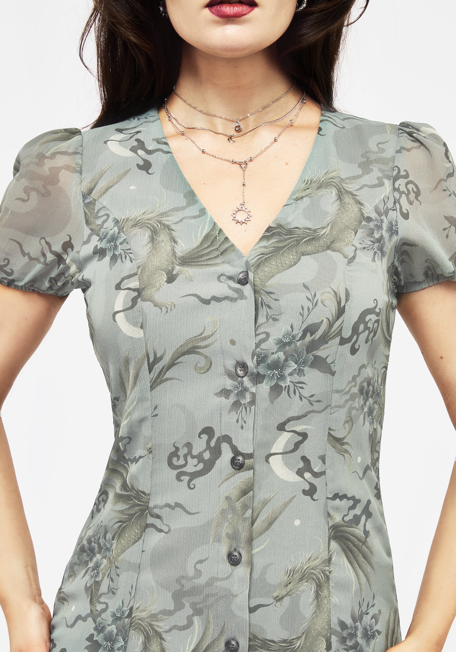 Pale Blue Dragon Print Chiffon Midi Dress | Sapphira
