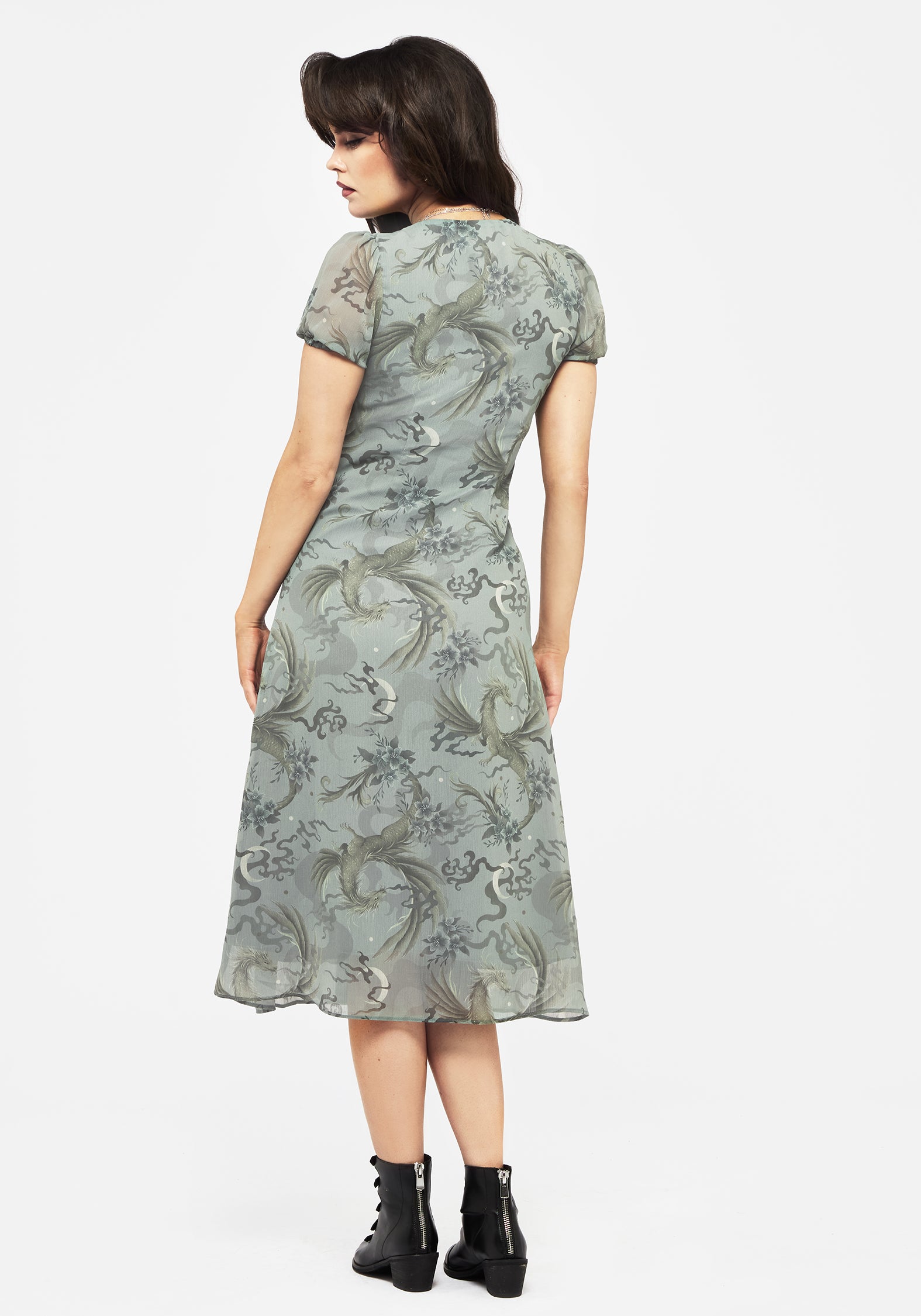 Pale Blue Dragon Print Chiffon Midi Dress | Sapphira