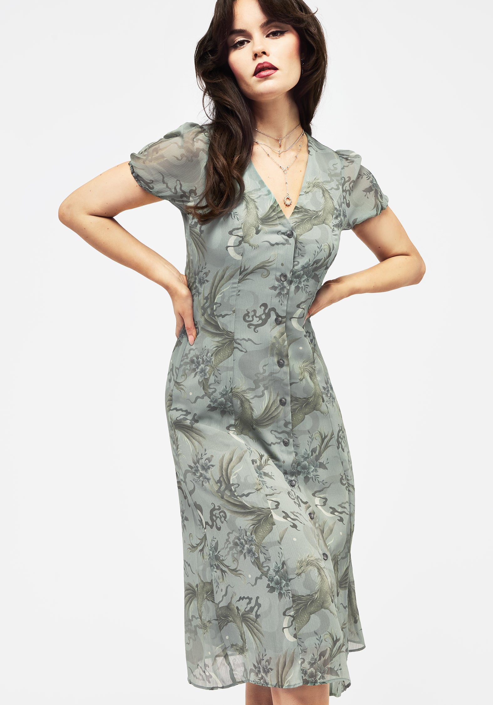 Pale Blue Dragon Print Chiffon Midi Dress | Sapphira