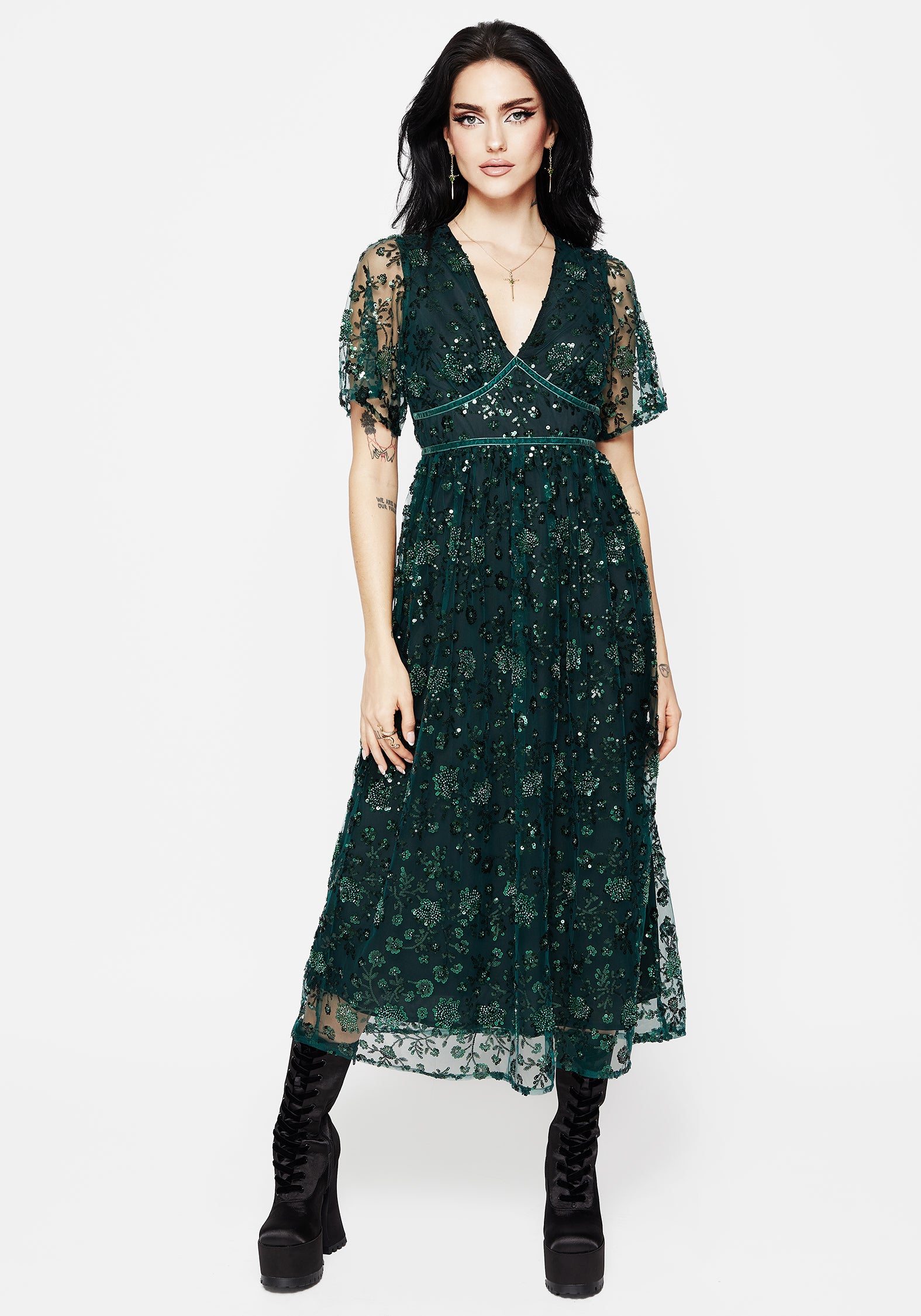 Green Embroidered Sequin Mesh Dress with Angel Sleeves | Glimmer