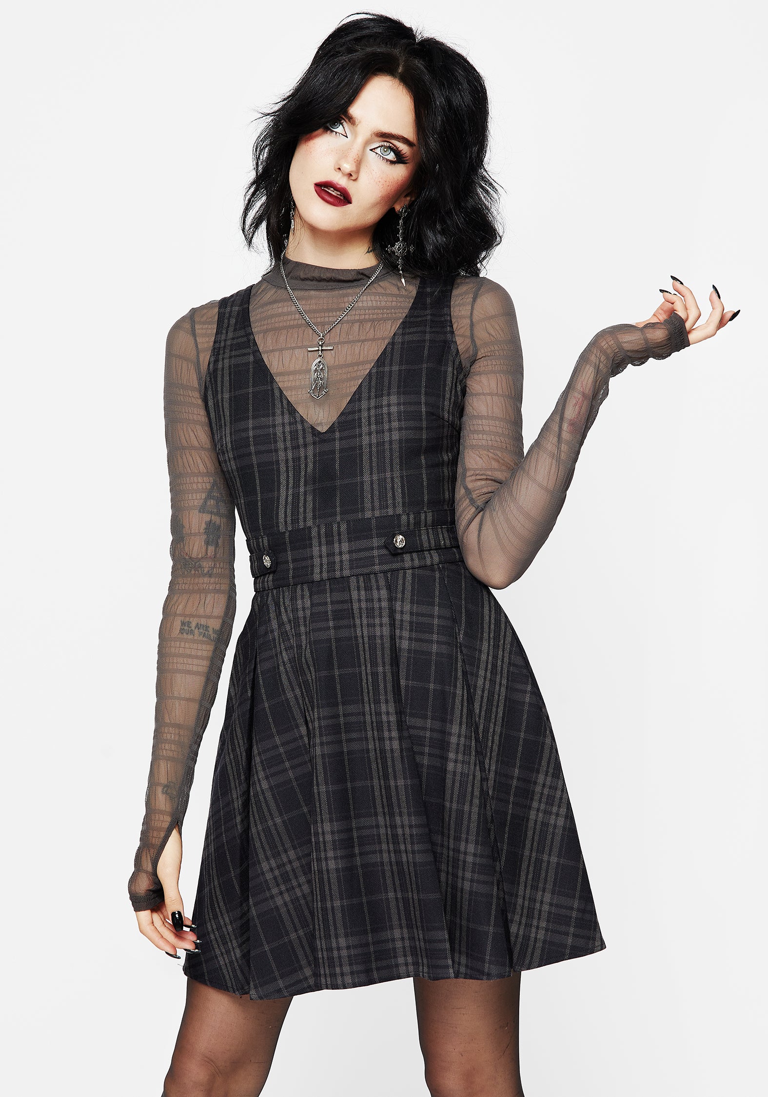 Black & Grey Check Mini Pinafore Dress with V-Neck & Pleated Skirt | Reckless