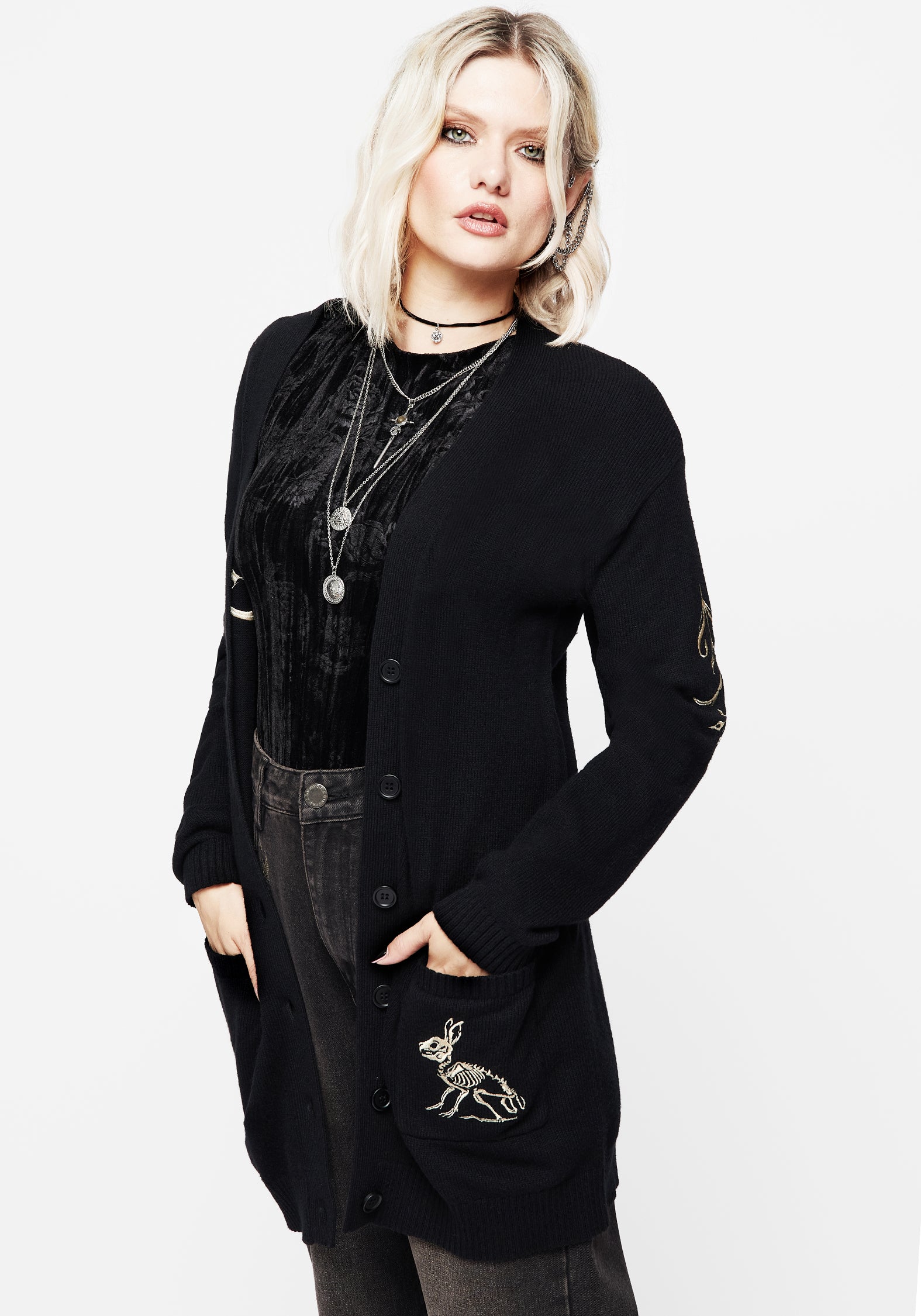 Embroidered Longline Cardigan with Floral & Rabbit Motifs | Hester
