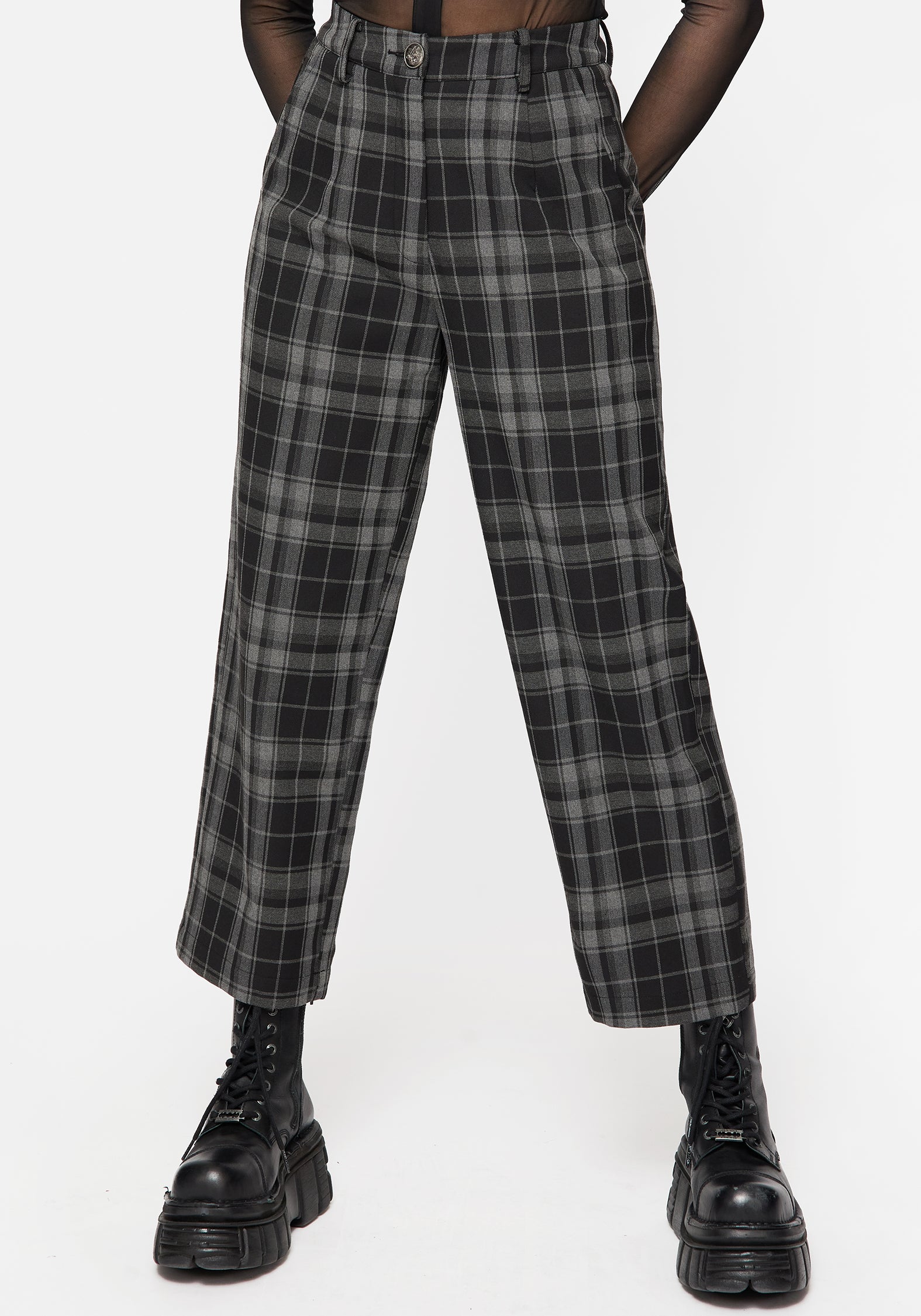 Black Check Wide Leg Culotte Trousers - High Rise & Stretch Fabric