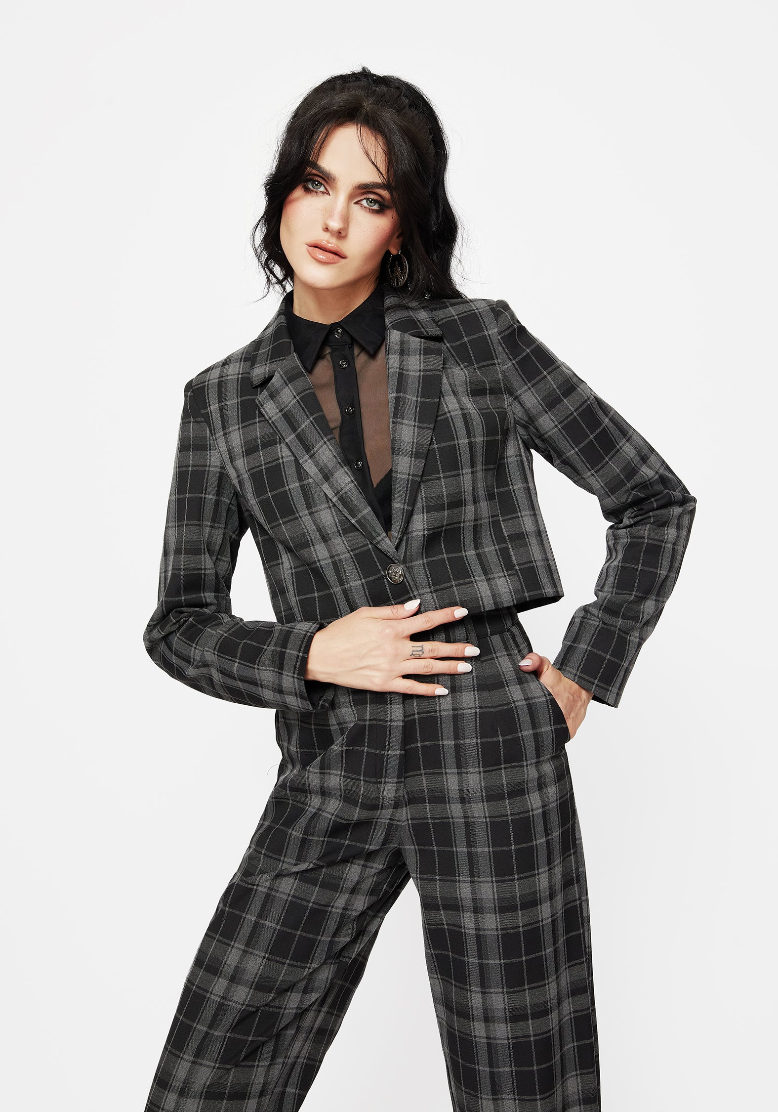 Black Check Cropped Blazer with Stretch Fabric | Checkmate