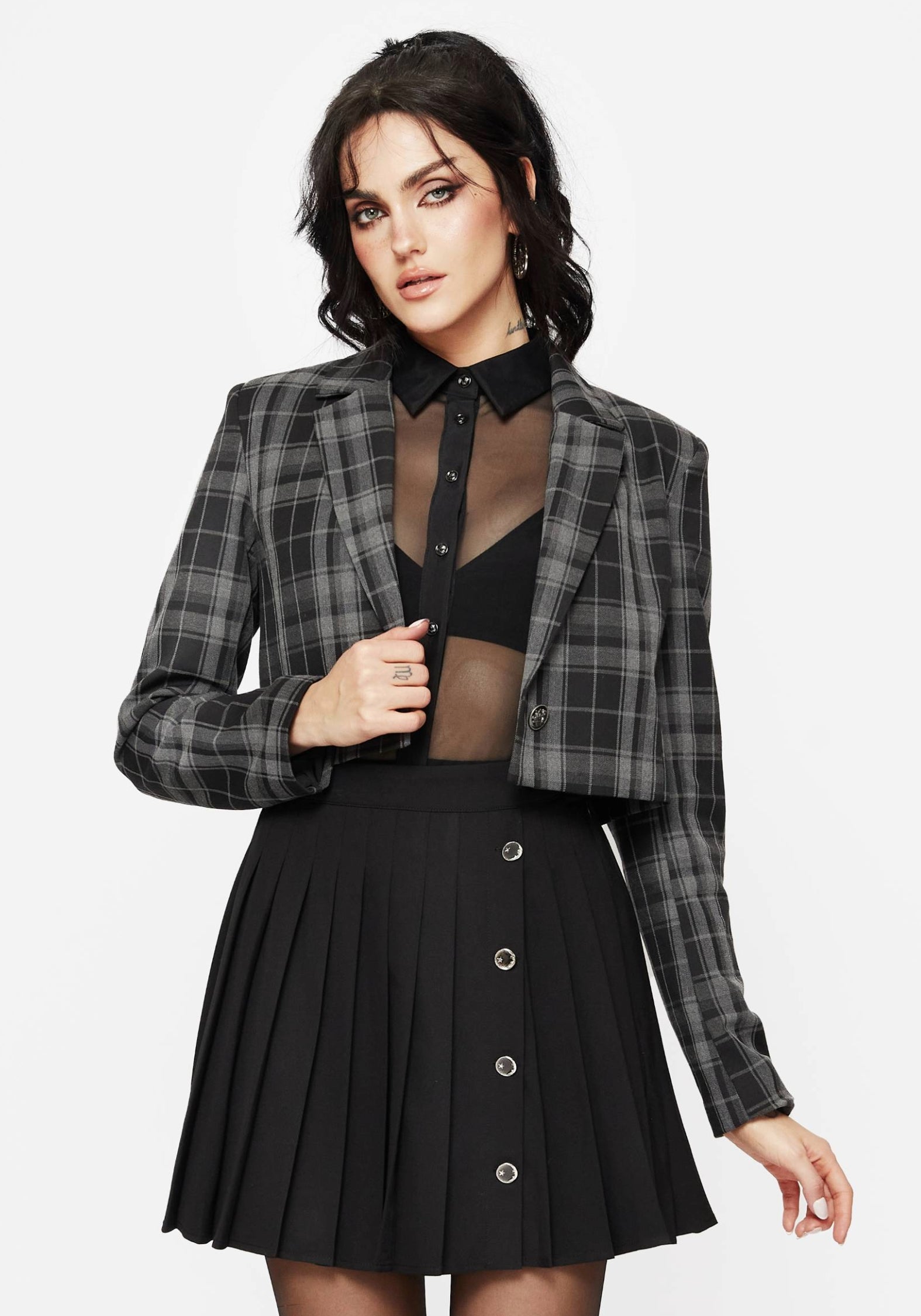 Black Check Cropped Blazer with Stretch Fabric | Checkmate