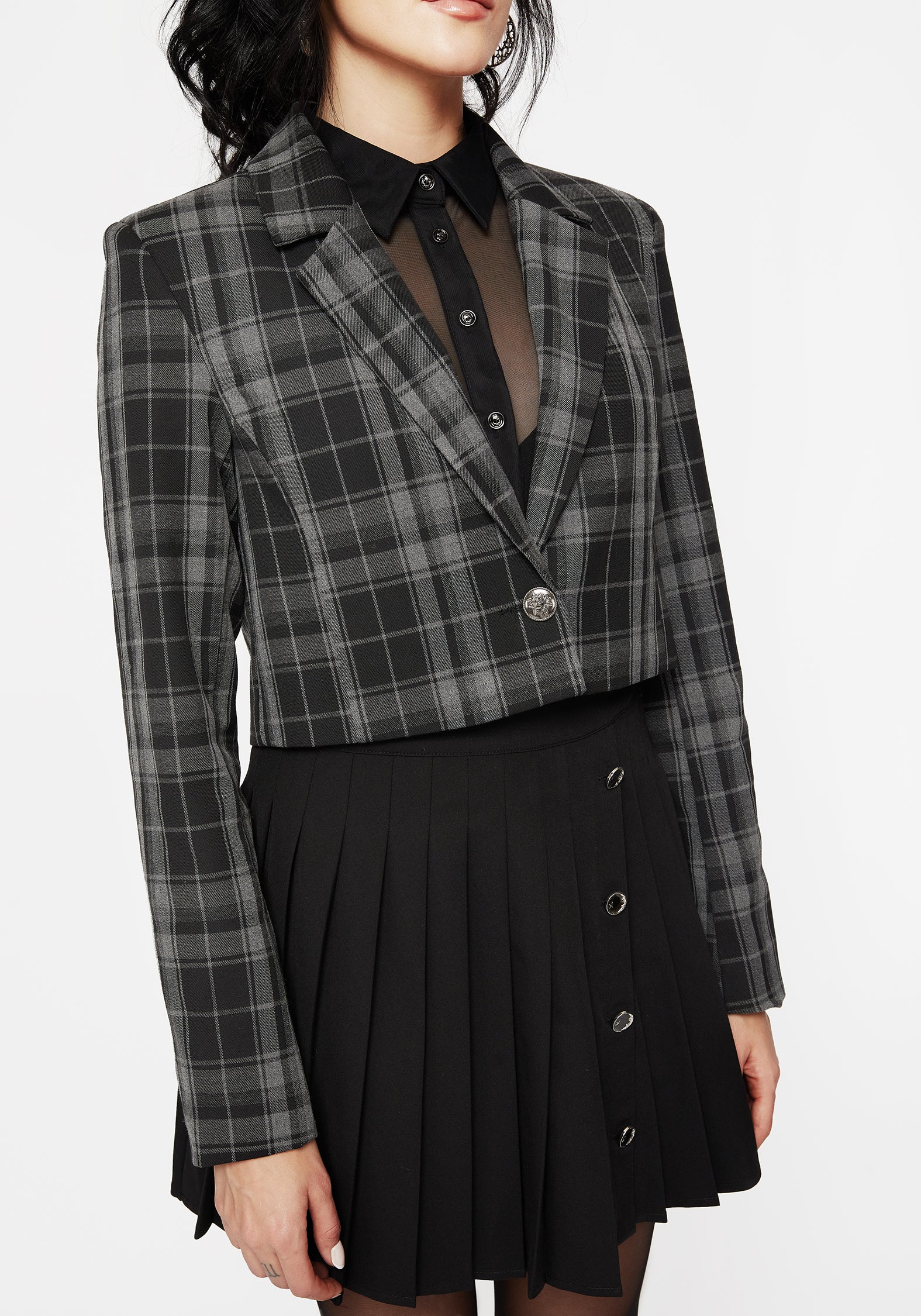 Black Check Cropped Blazer with Stretch Fabric | Checkmate