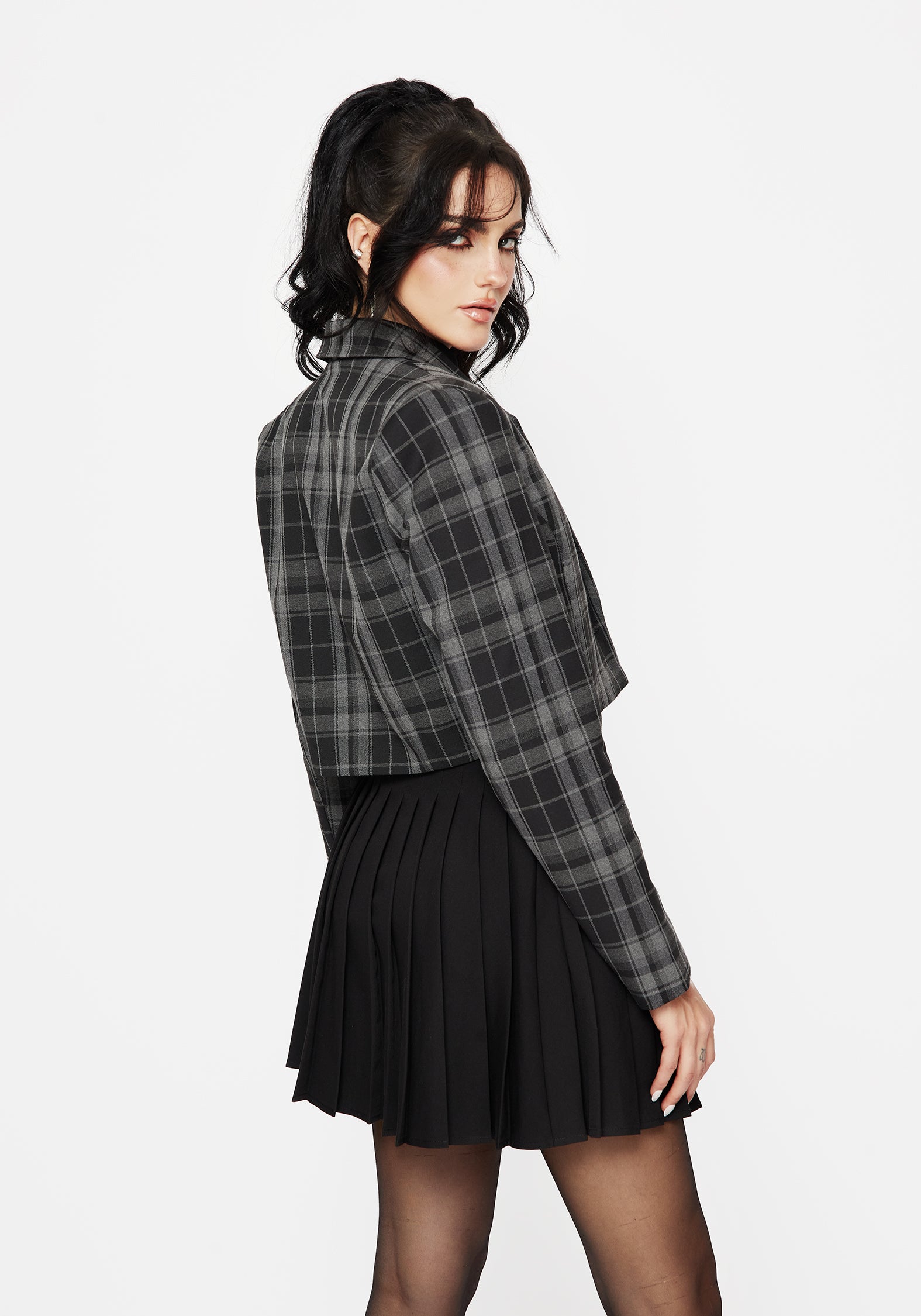 Black Check Cropped Blazer with Stretch Fabric | Checkmate