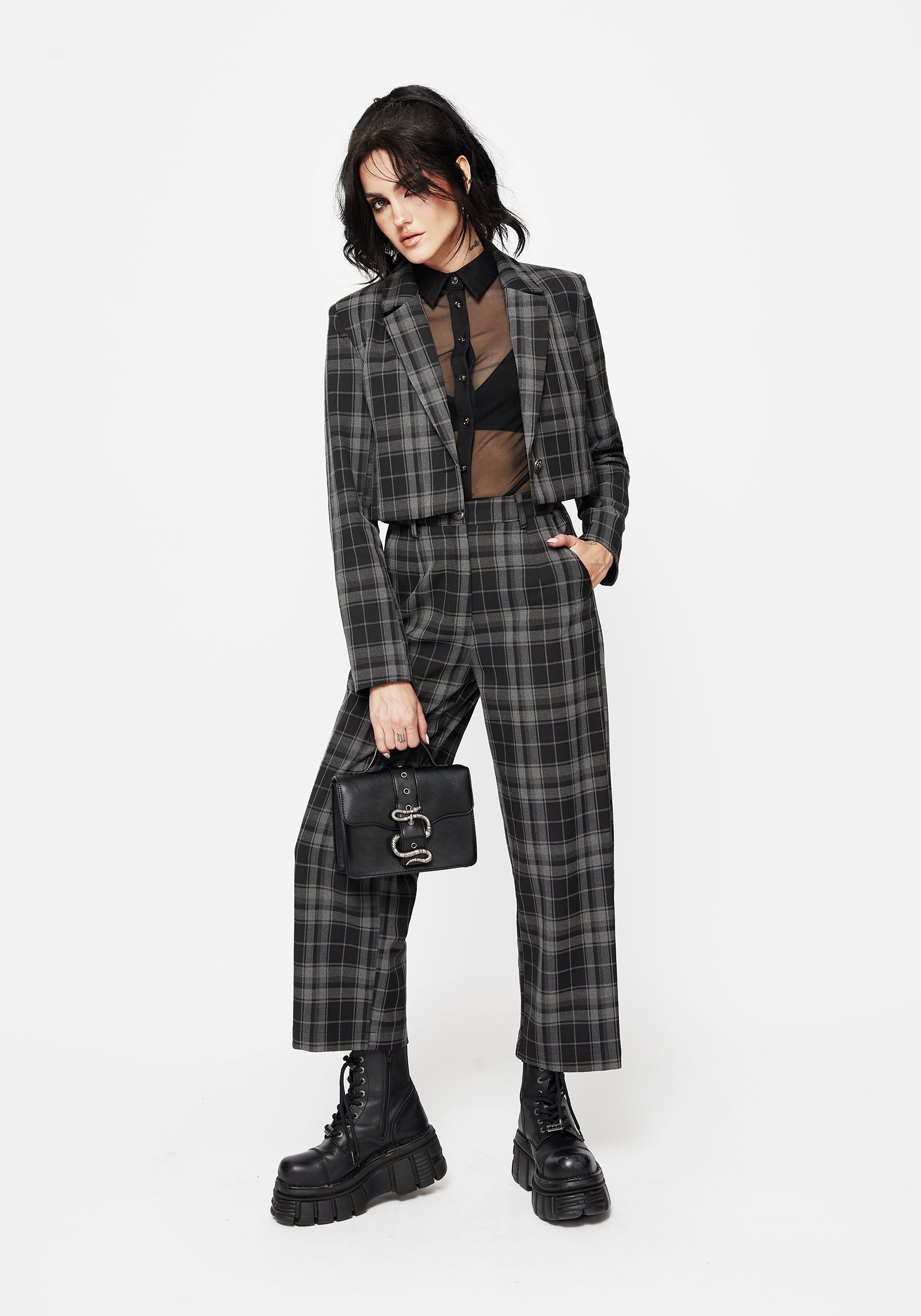 Black Check Cropped Blazer with Stretch Fabric | Checkmate