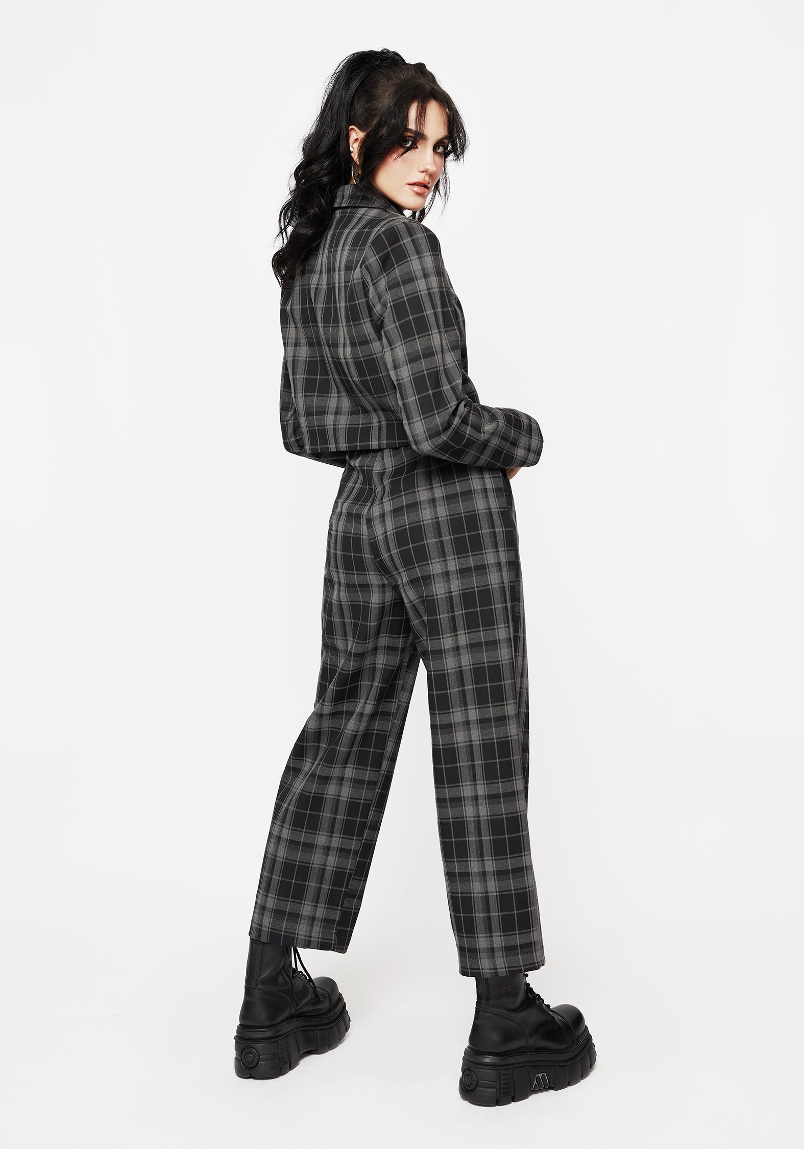 Black Check Cropped Blazer with Stretch Fabric | Checkmate