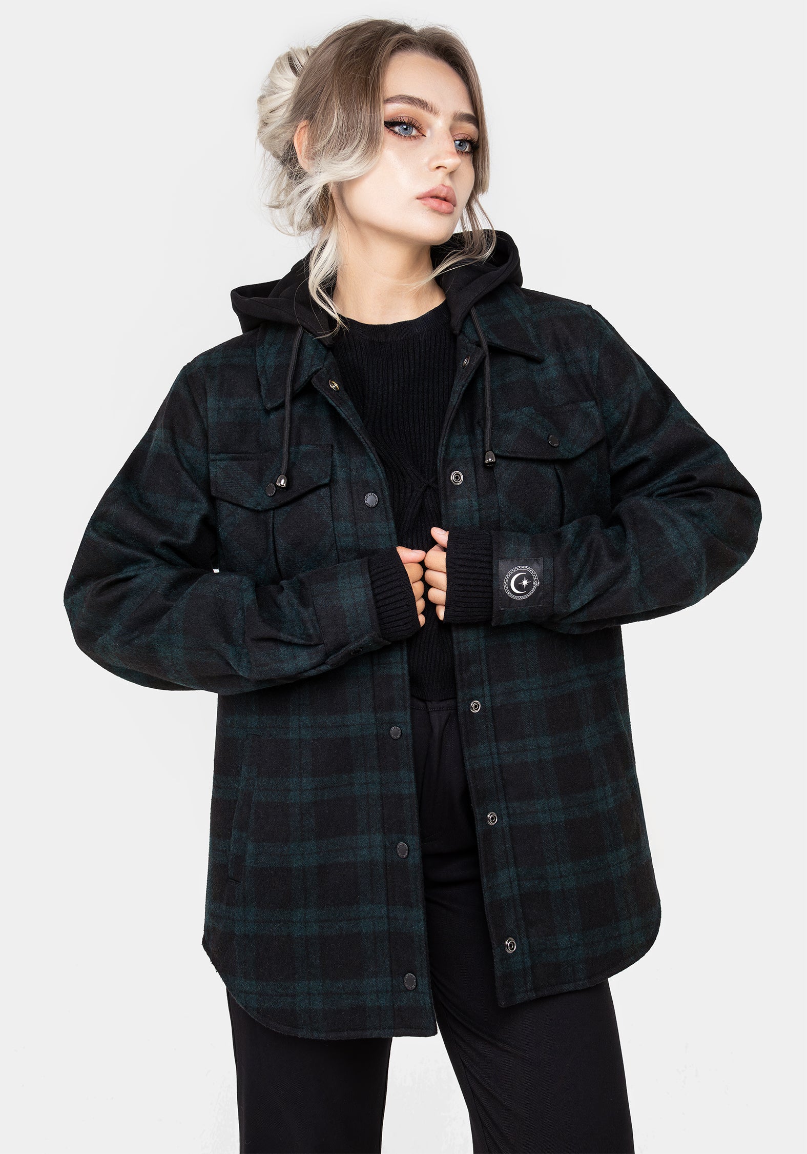 Wool Blend Check Shacket with Hood & Pockets | Trellis