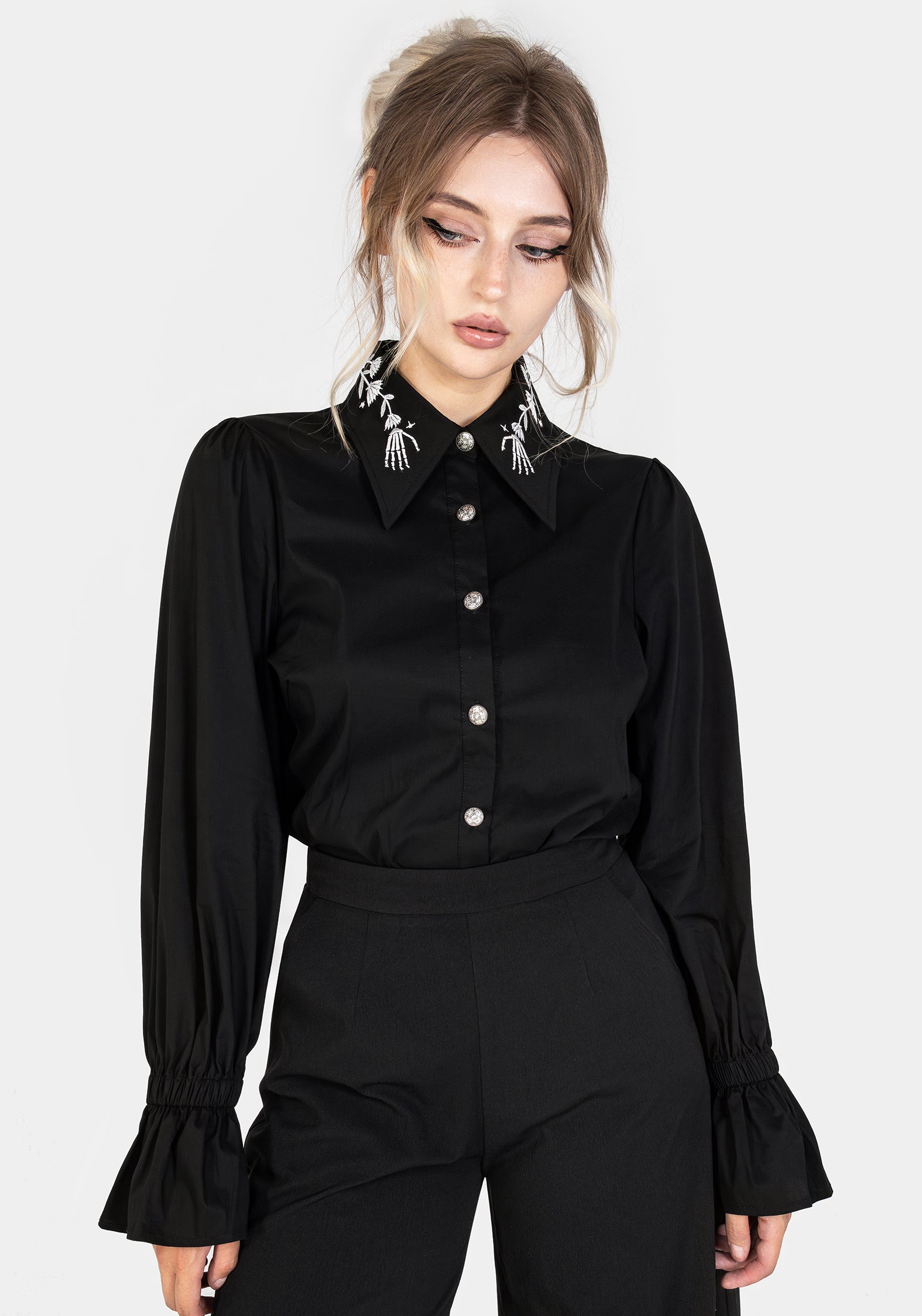 Black Embroidered Button Up Shirt with Floral Skeletal Design | Tempora