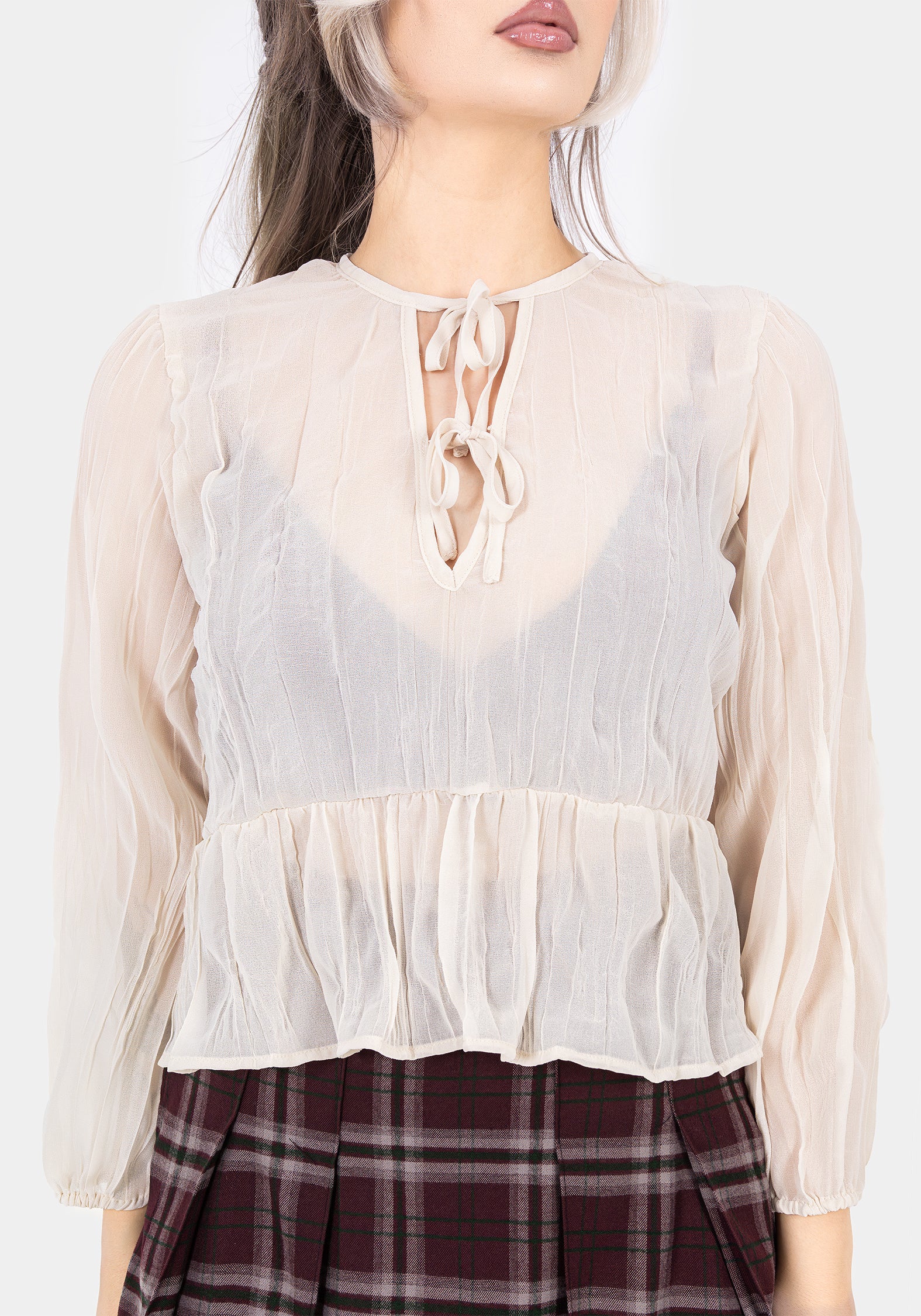 White Textured Tie Front Peplum Blouse | Villain