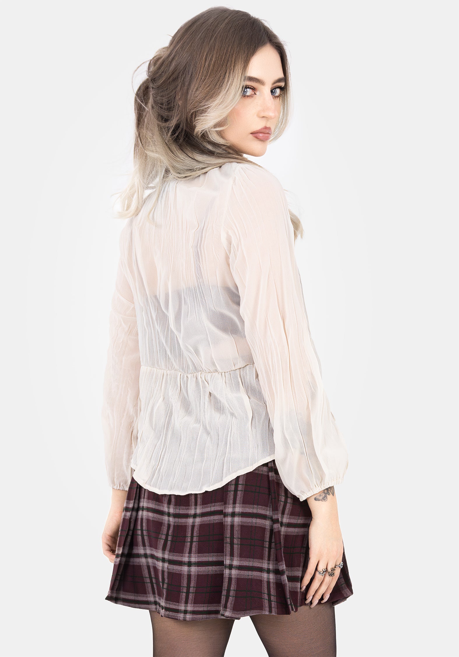 White Textured Tie Front Peplum Blouse | Villain