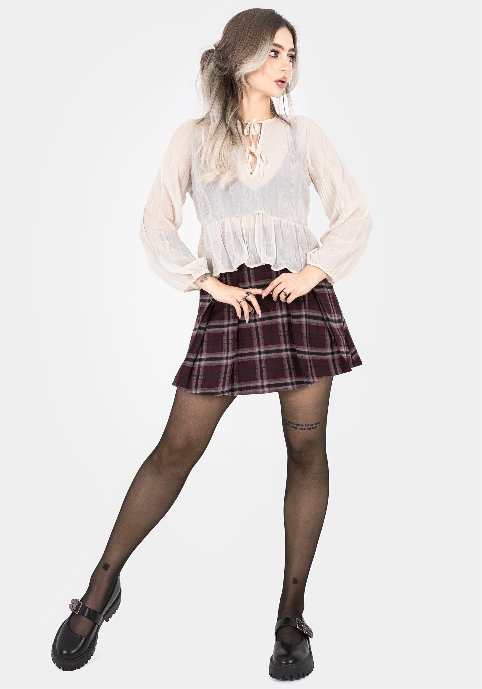 White Textured Tie Front Peplum Blouse | Villain