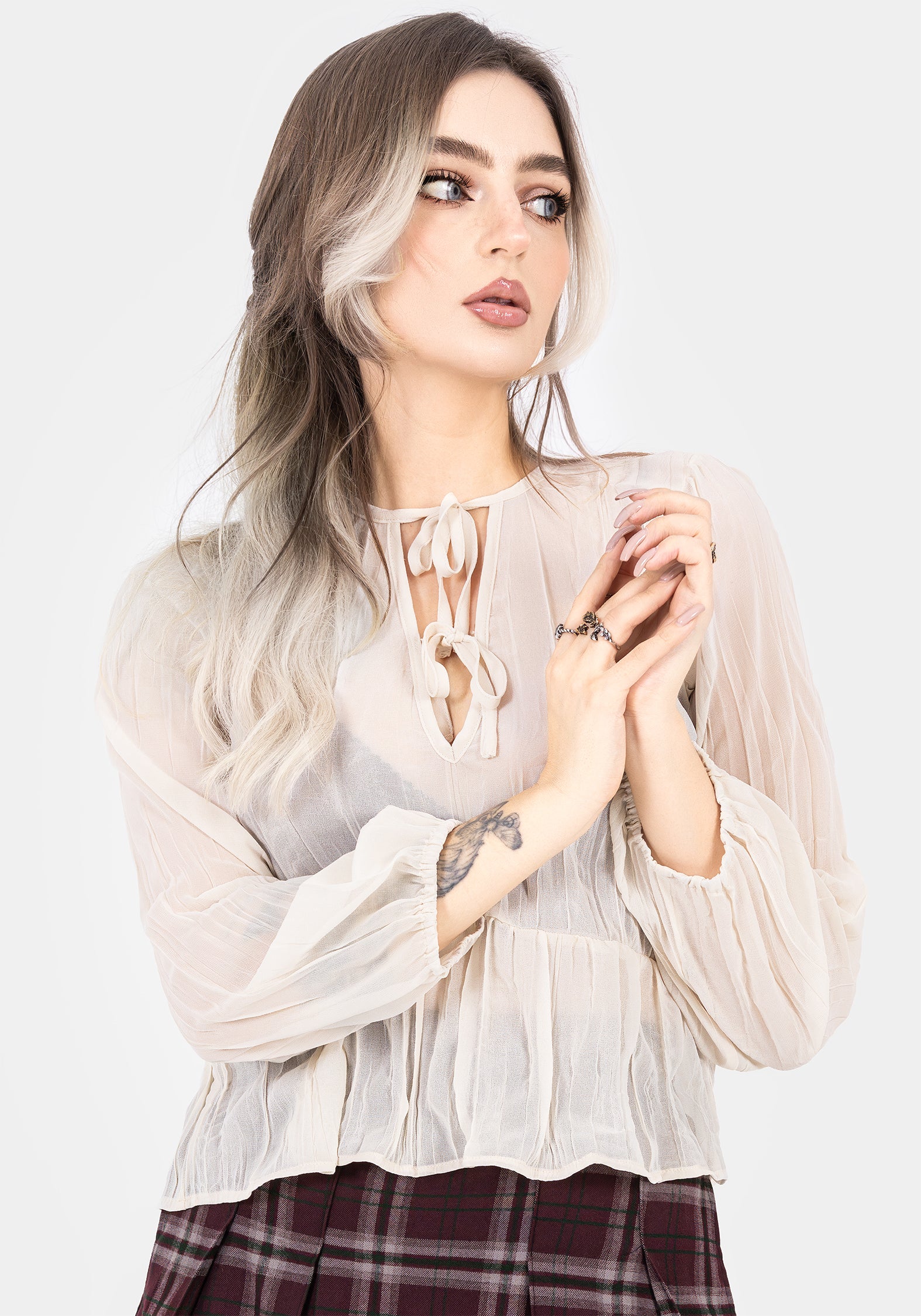 White Textured Tie Front Peplum Blouse | Villain