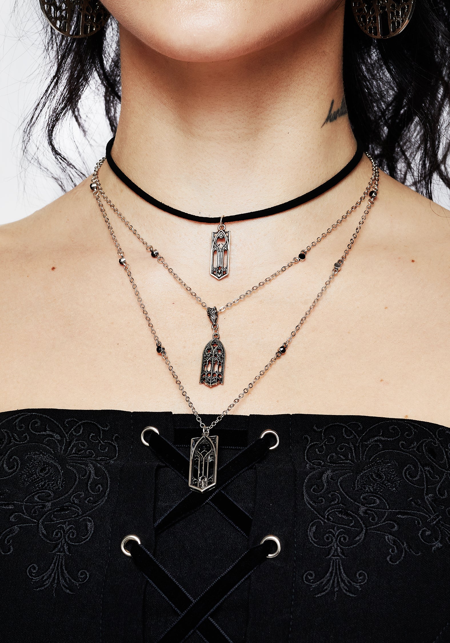 Gothic Layered Necklace with Silver Chains & Black Gems | Cathedral Jewelry