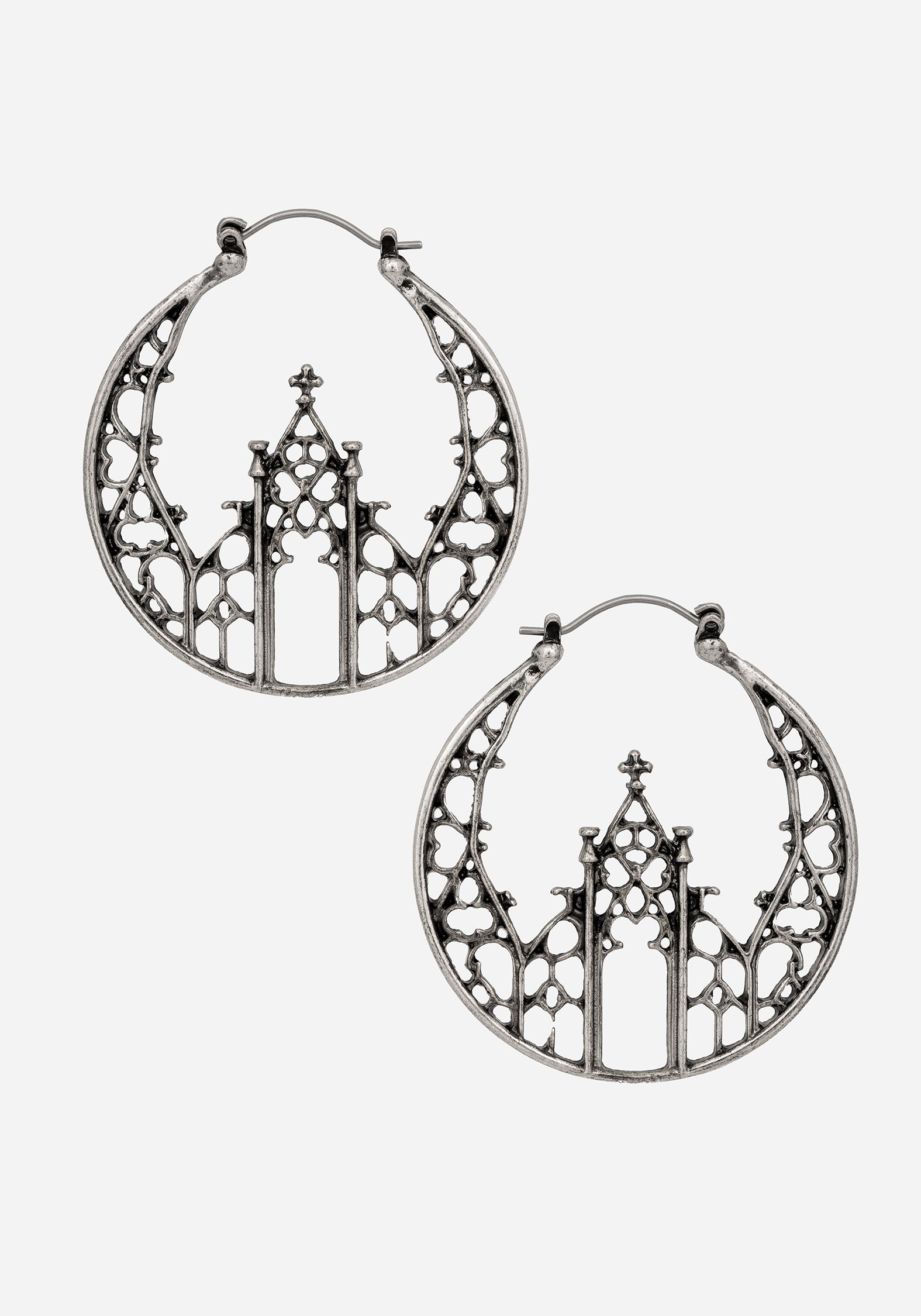 Gothic Cathedral Hoop Earrings in Antique Silver | 5cm Drop