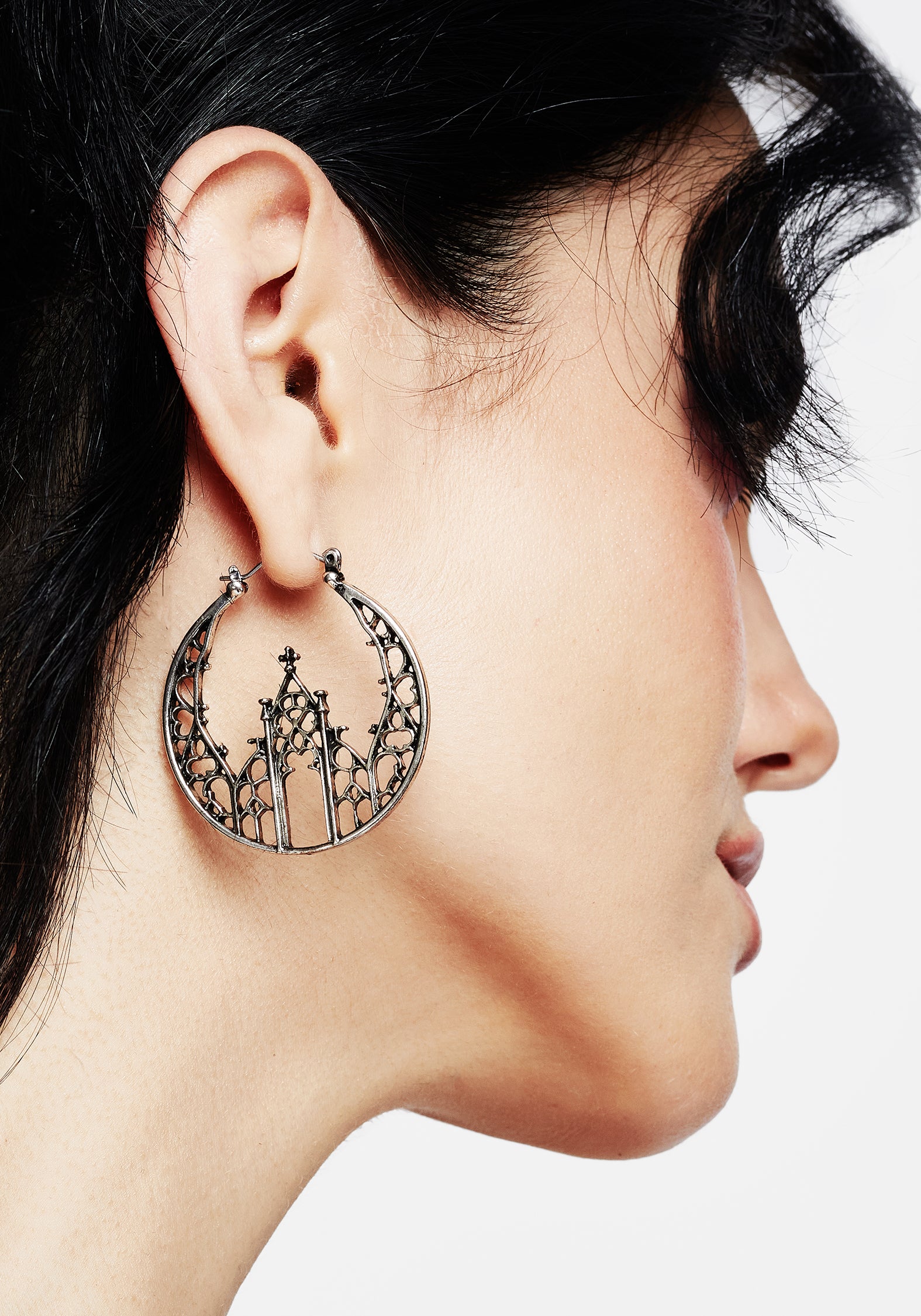 Gothic Cathedral Hoop Earrings in Antique Silver | 5cm Drop