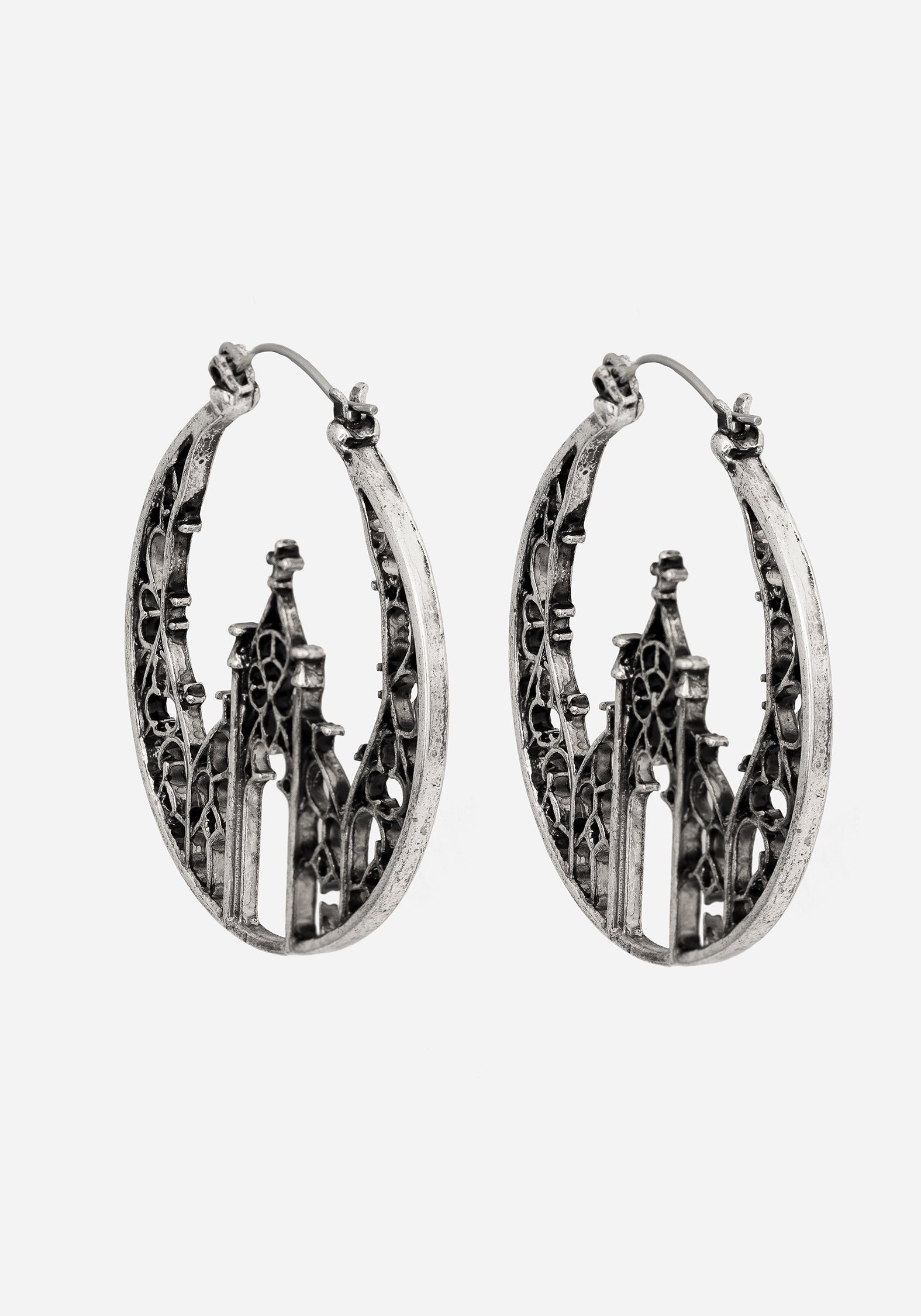 Gothic Cathedral Hoop Earrings in Antique Silver | 5cm Drop