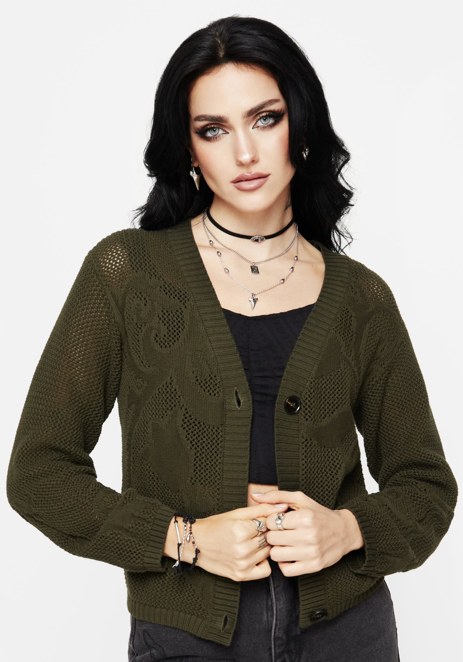 Green Jacquard Knit Cardigan with Long Sleeves | Relaxed Fit