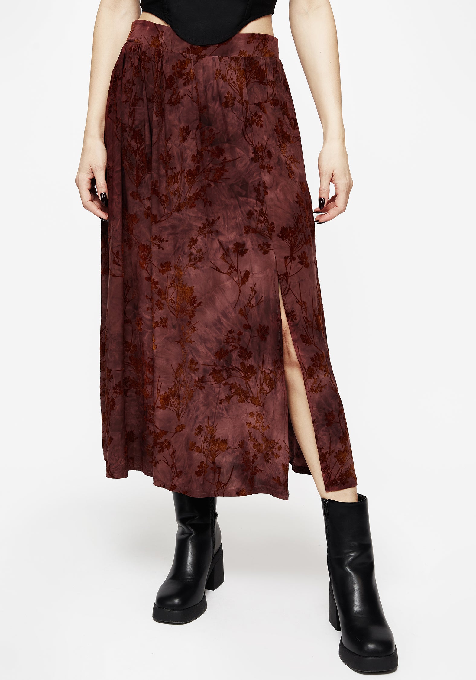 Floral Flocked Velour Midaxi Skirt with Pockets & Split | Wytchelm