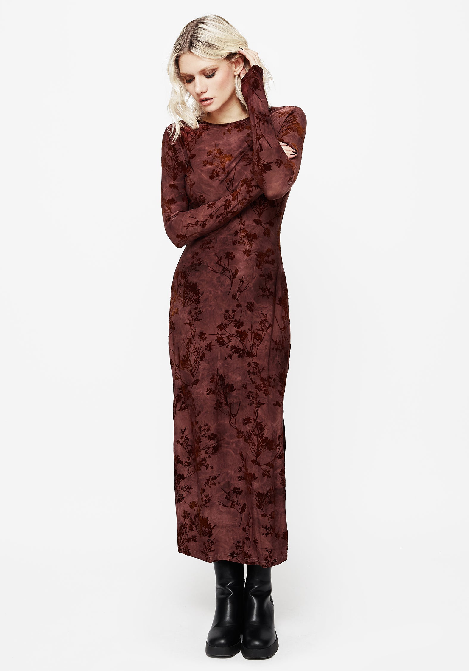 Red Flocked Velour Midaxi Dress with Side Split | Wytchelm