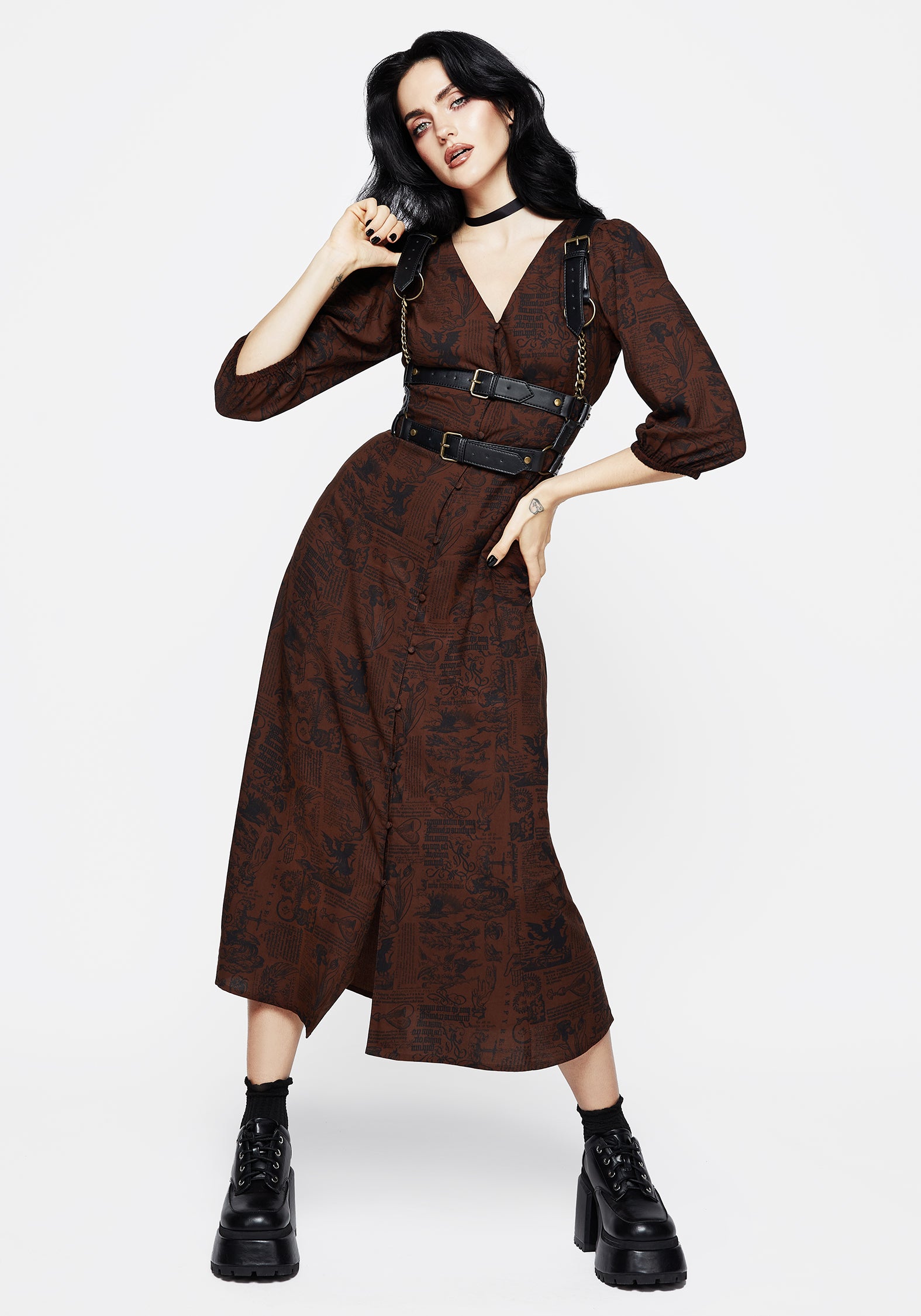 Brown Woodcut Print Button-Up Midaxi Dress | Daemonologie