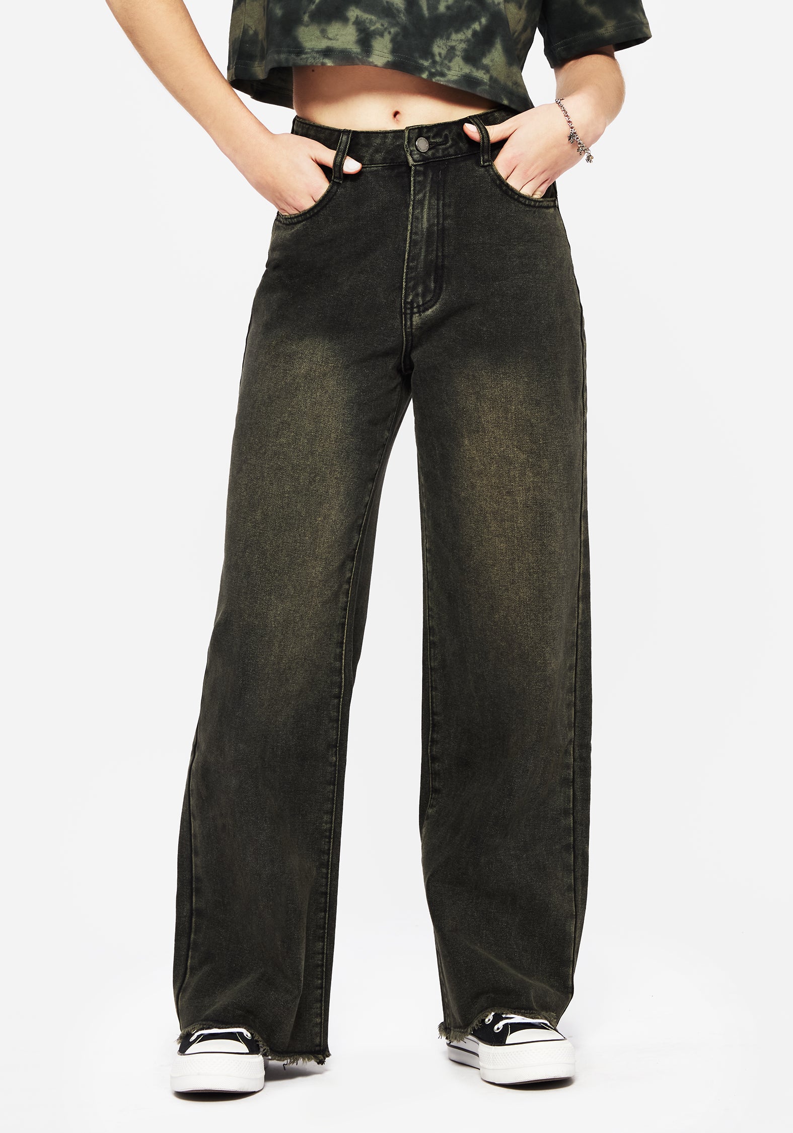 Wide Leg Black Denim Jeans with Vintage Wash | Anthea