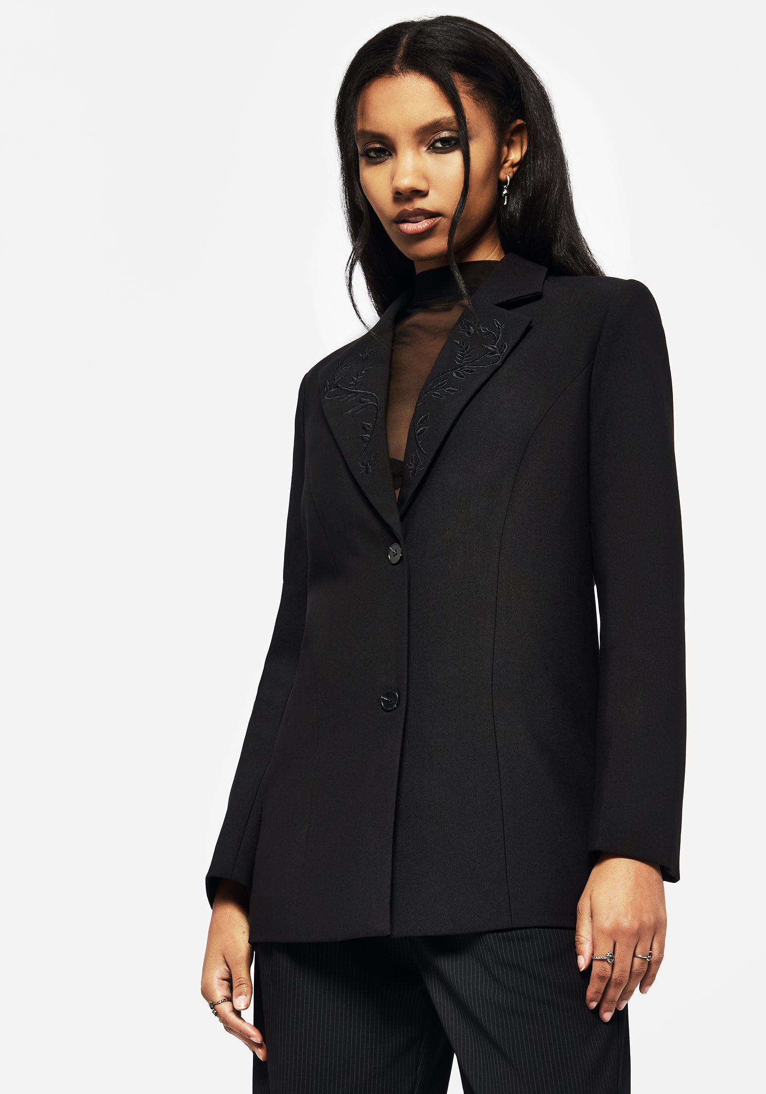 Black Embroidered Relaxed Blazer with Spider & Vine Collar | Funnelweb
