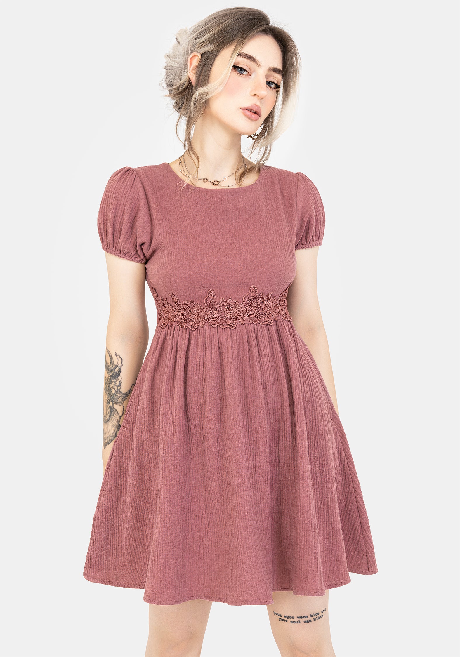 Pink Cotton Mini Smock Dress with Floral Applique | Rosamoth