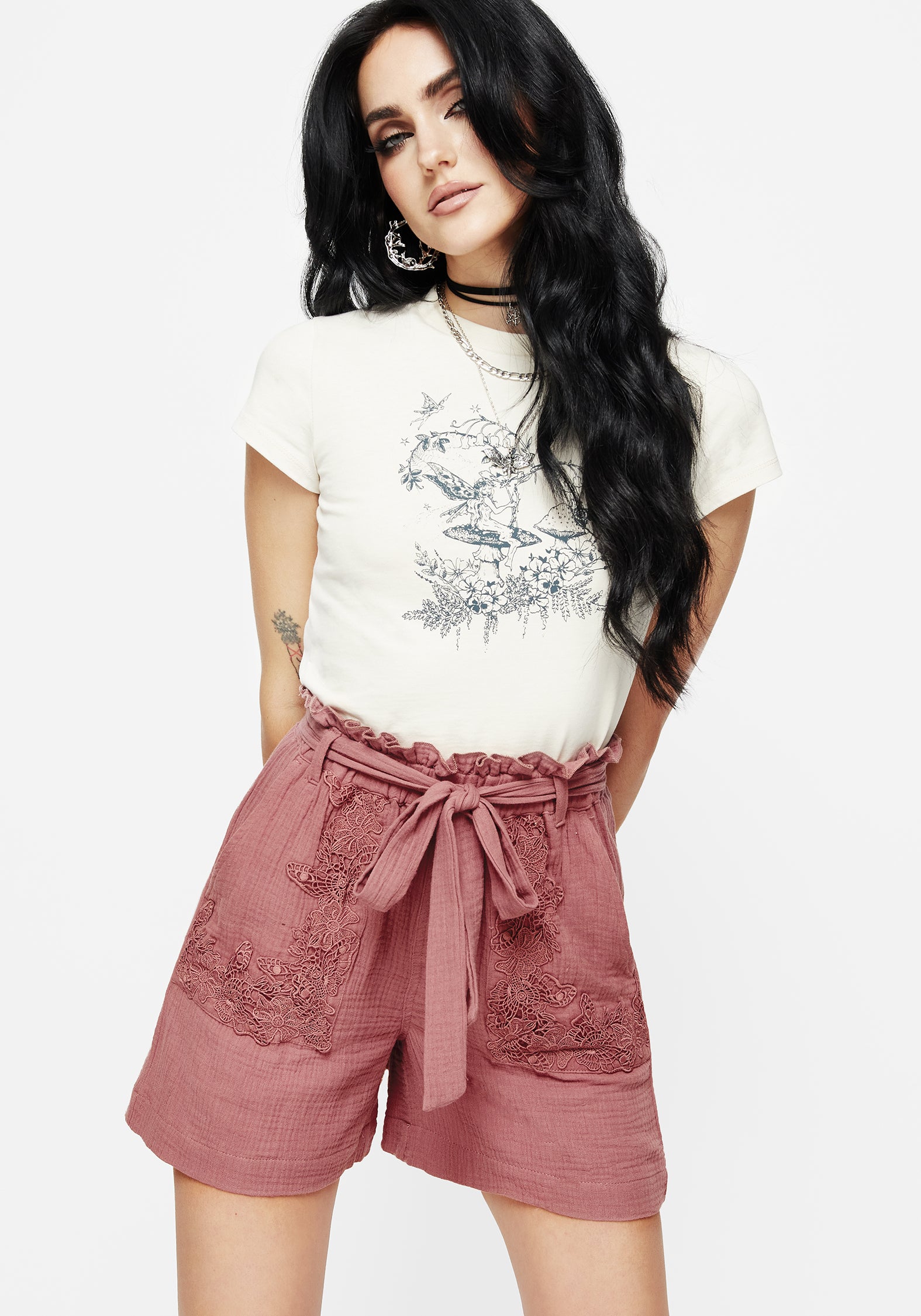 Floral Applique Cotton Shorts with Tie Waist | Rosamoth