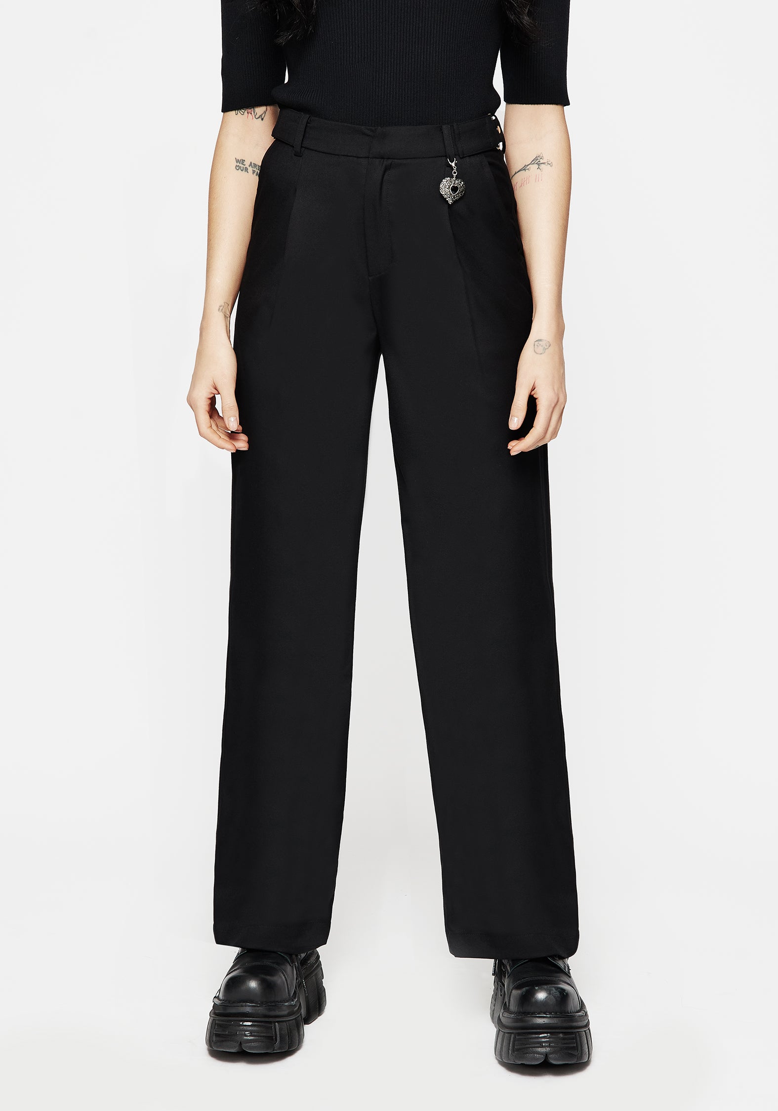 Black Wide Leg Tailored Trousers with Pockets | Porcia