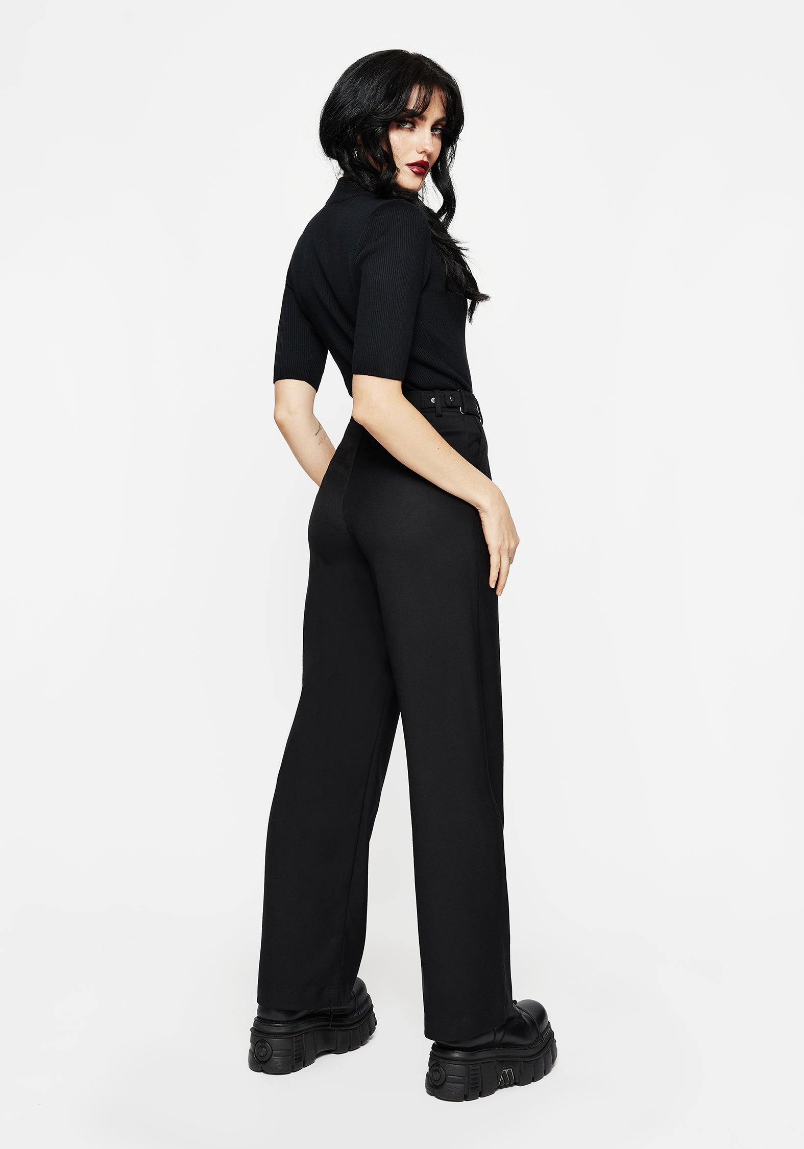 Black Wide Leg Tailored Trousers with Pockets | Porcia