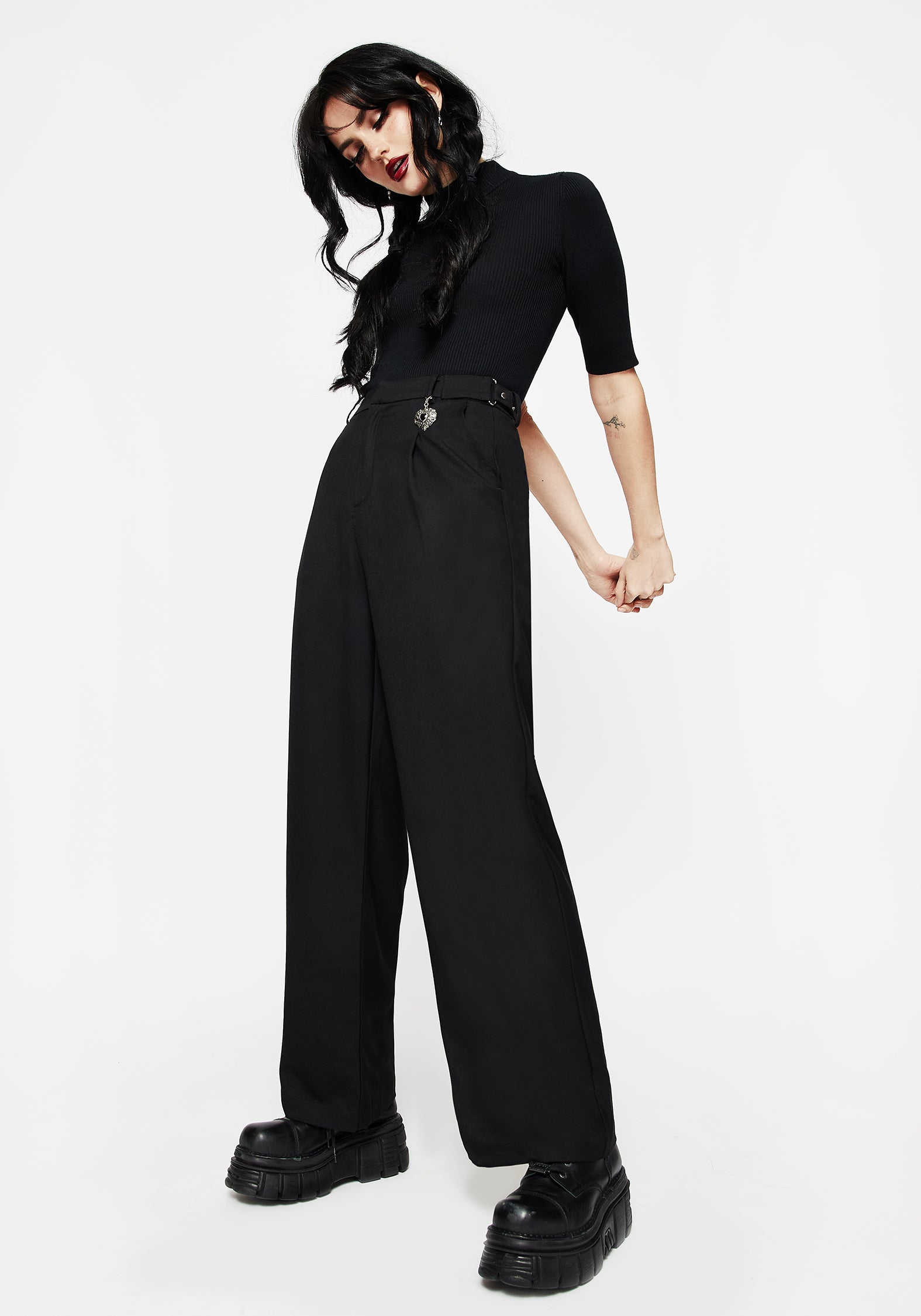 Black Wide Leg Tailored Trousers with Pockets | Porcia