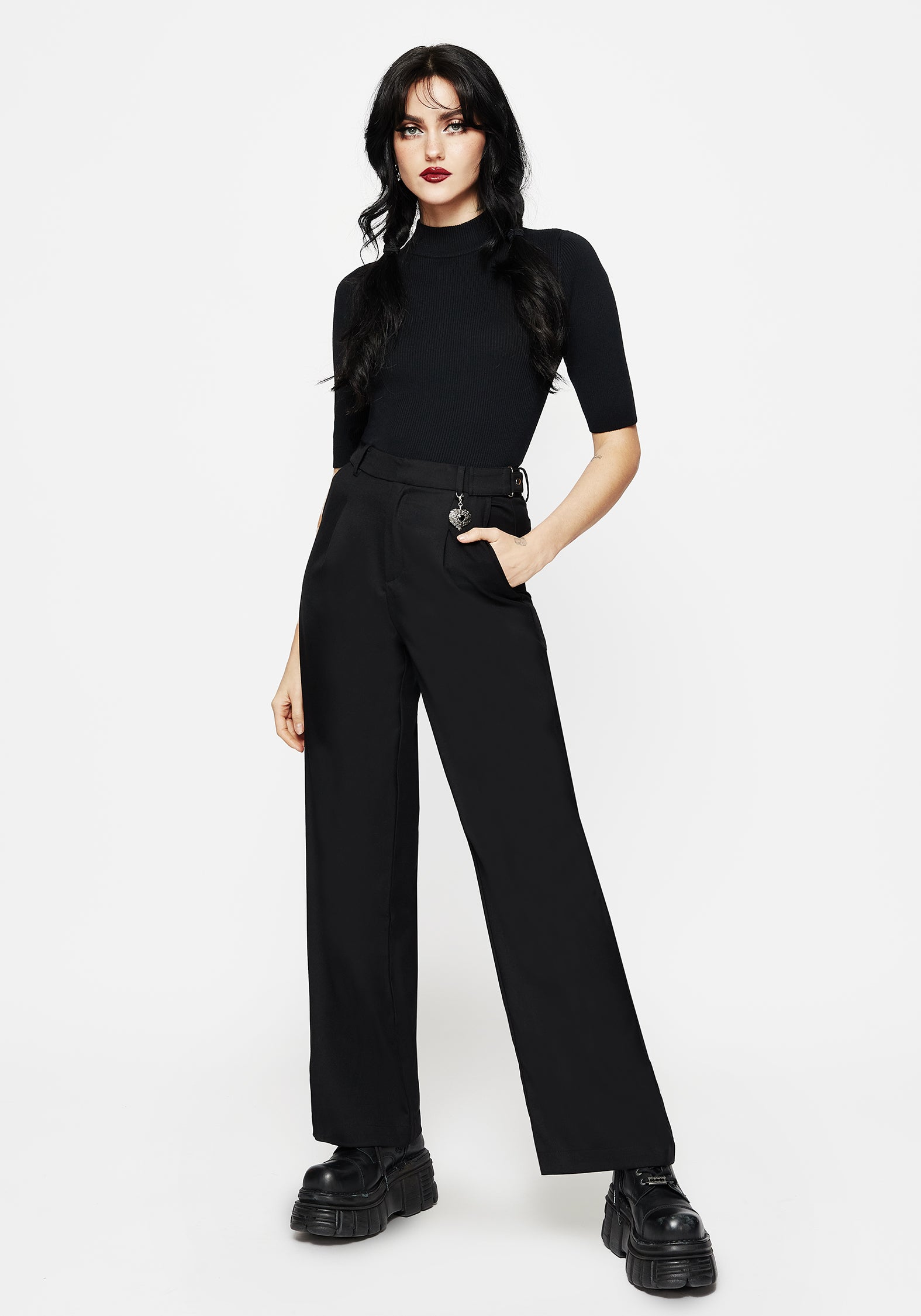 Black Wide Leg Tailored Trousers with Pockets | Porcia