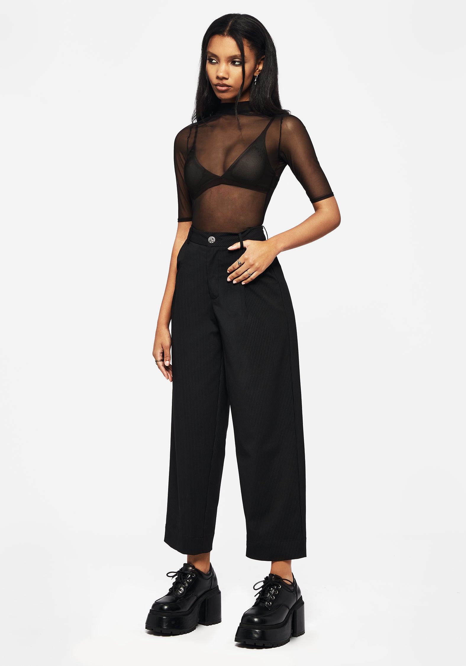 Black Pinstripe Balloon Trousers with Elastic Waist | Zelda