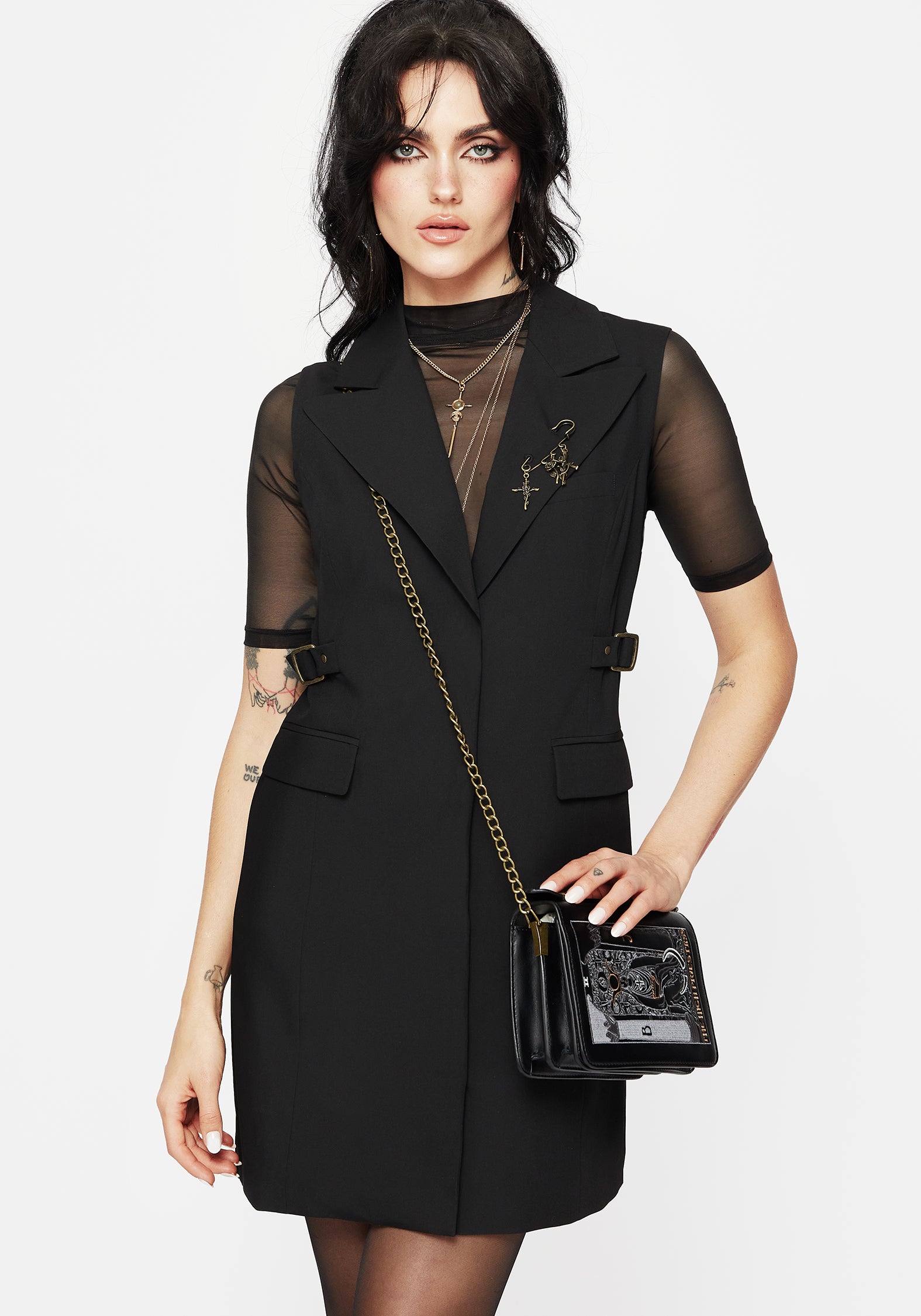 Black Tailored Waistcoat Mini Dress with Adjustable Buckle & Pockets | Oath