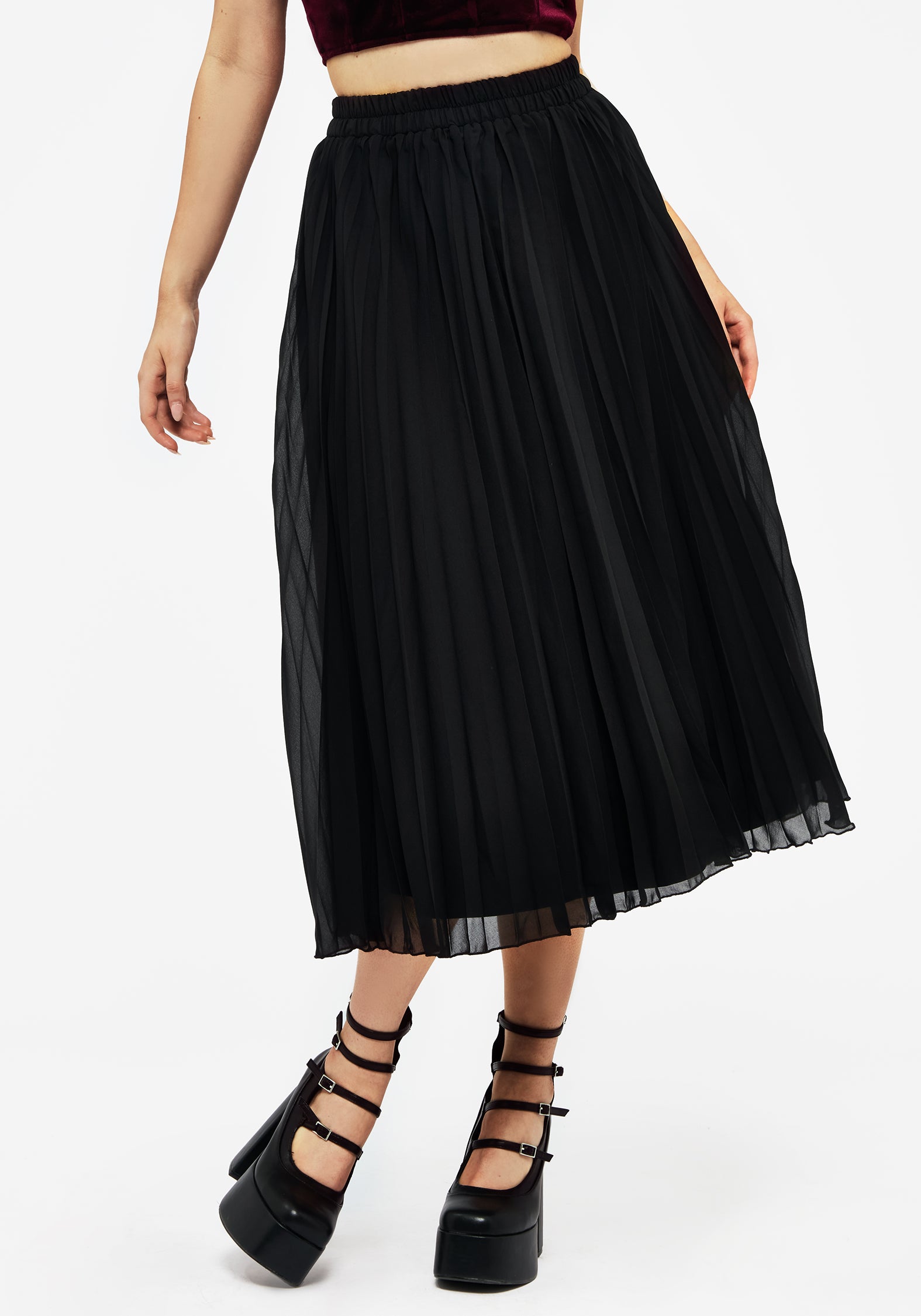 Black Pleated Chiffon Midi Skirt with Elastic Waist | Paridamie