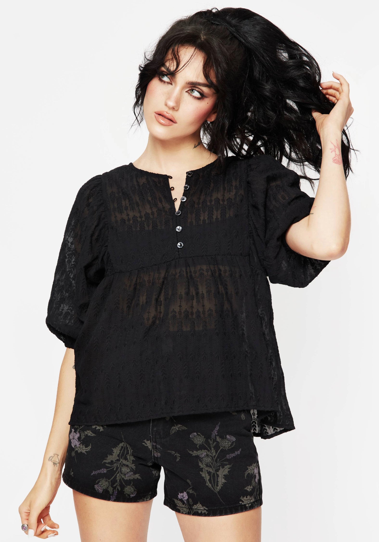 Black Button Up Peplum Blouse with Textured Fabric | Evangeline