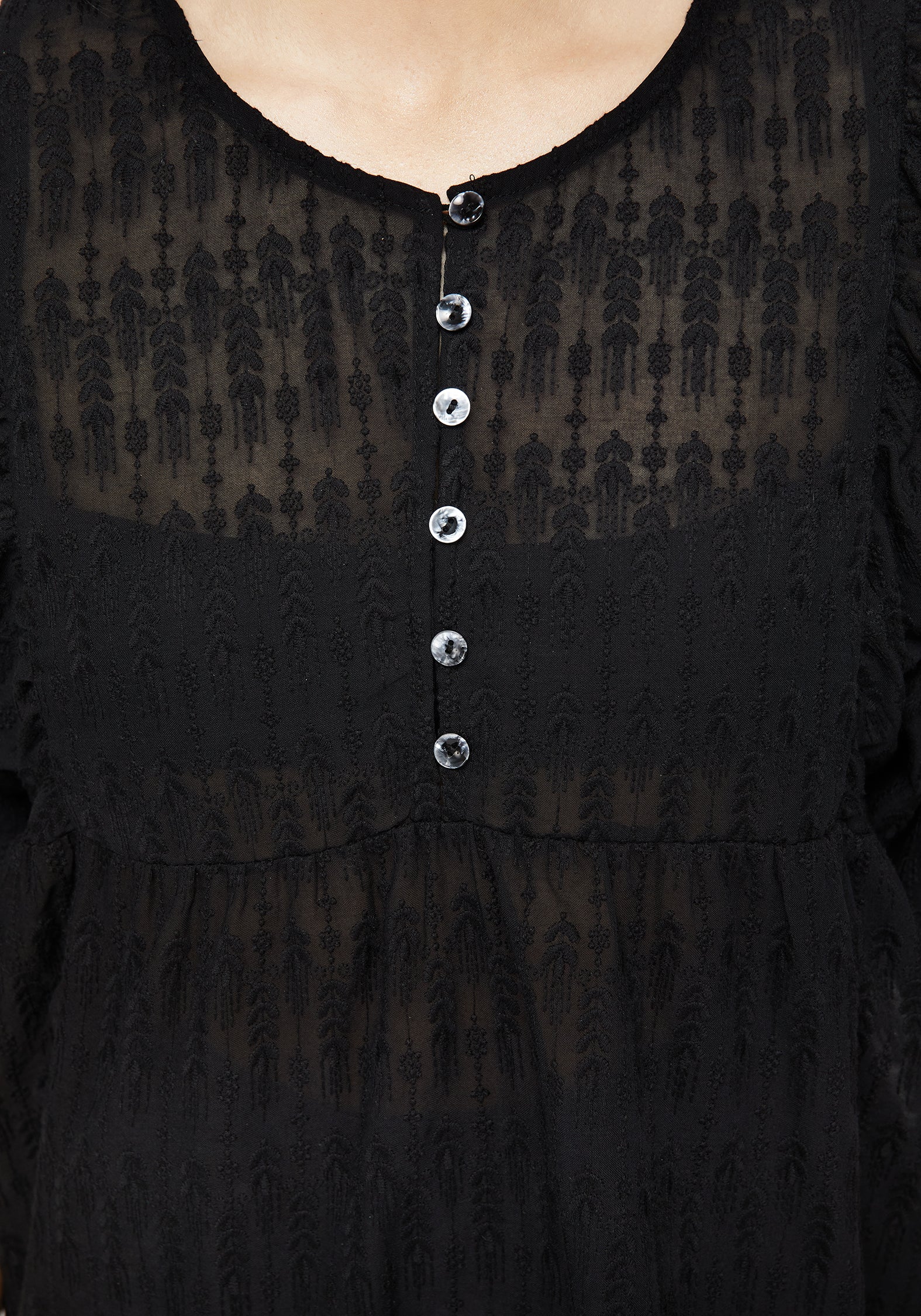 Black Button Up Peplum Blouse with Textured Fabric | Evangeline